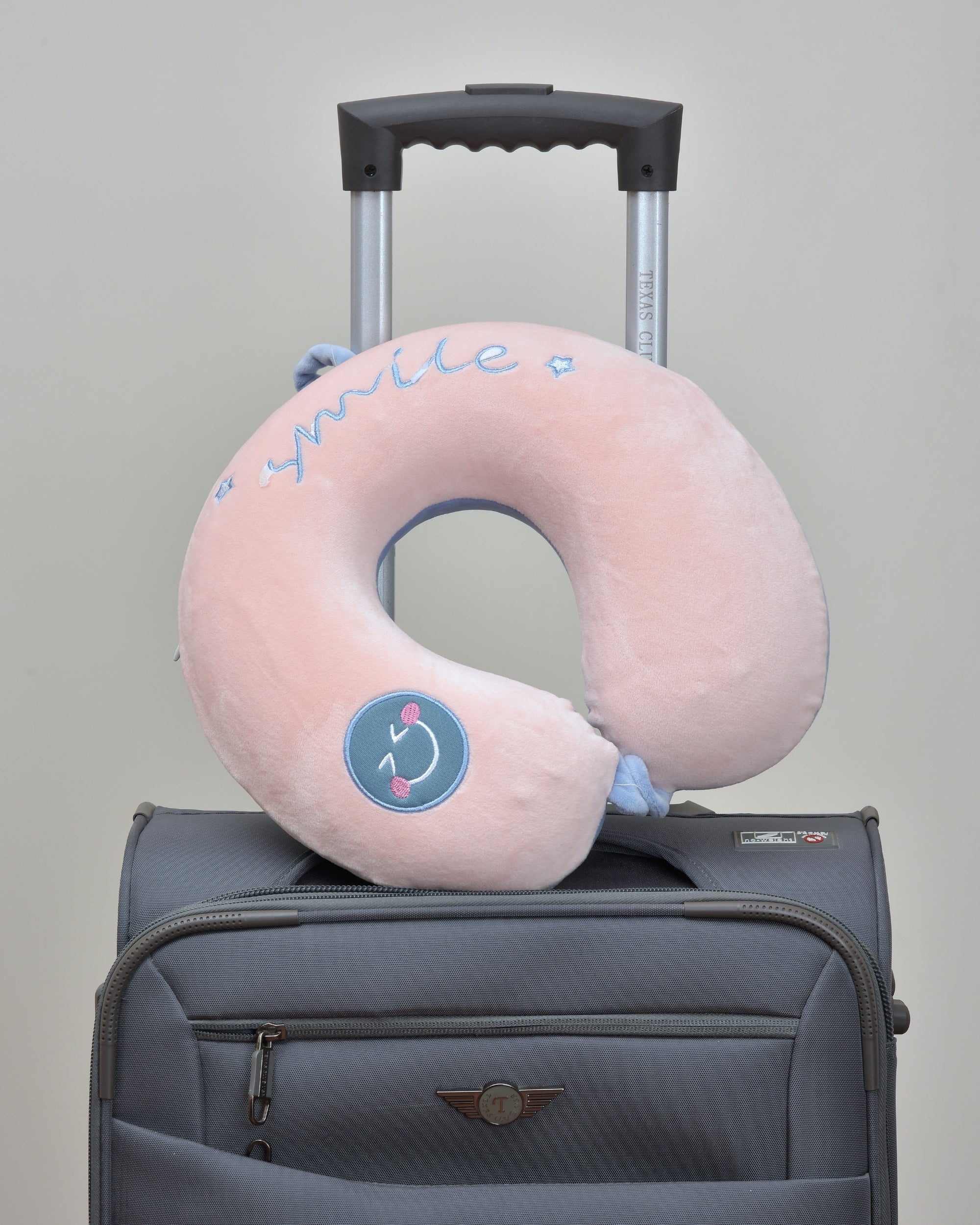 Cushy® Travel Neck Pillow with 360-Degree Head Support - Memory Foam Luxury Soft Pillow for Sleeping Rest - Home Travel Airplane Car - Smiley Printed, Pink & Blue