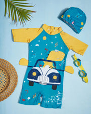 Premsons® Children's One-Piece Swimwear – Half Sleeve & Shorts Length Swimming Costume with Matching Cap - Dinosaur - Green & Yellow