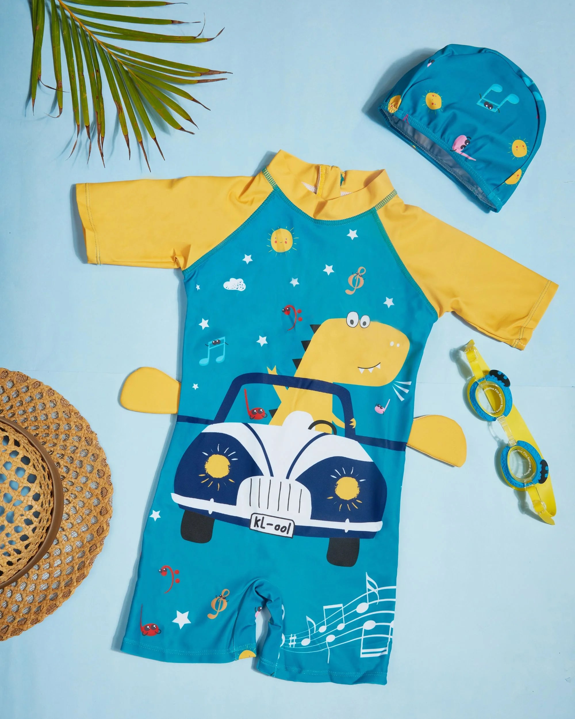 Premsons® Children's One-Piece Swimwear – Half Sleeve & Shorts Length Swimming Costume with Matching Cap - Dinosaur - Green & Yellow