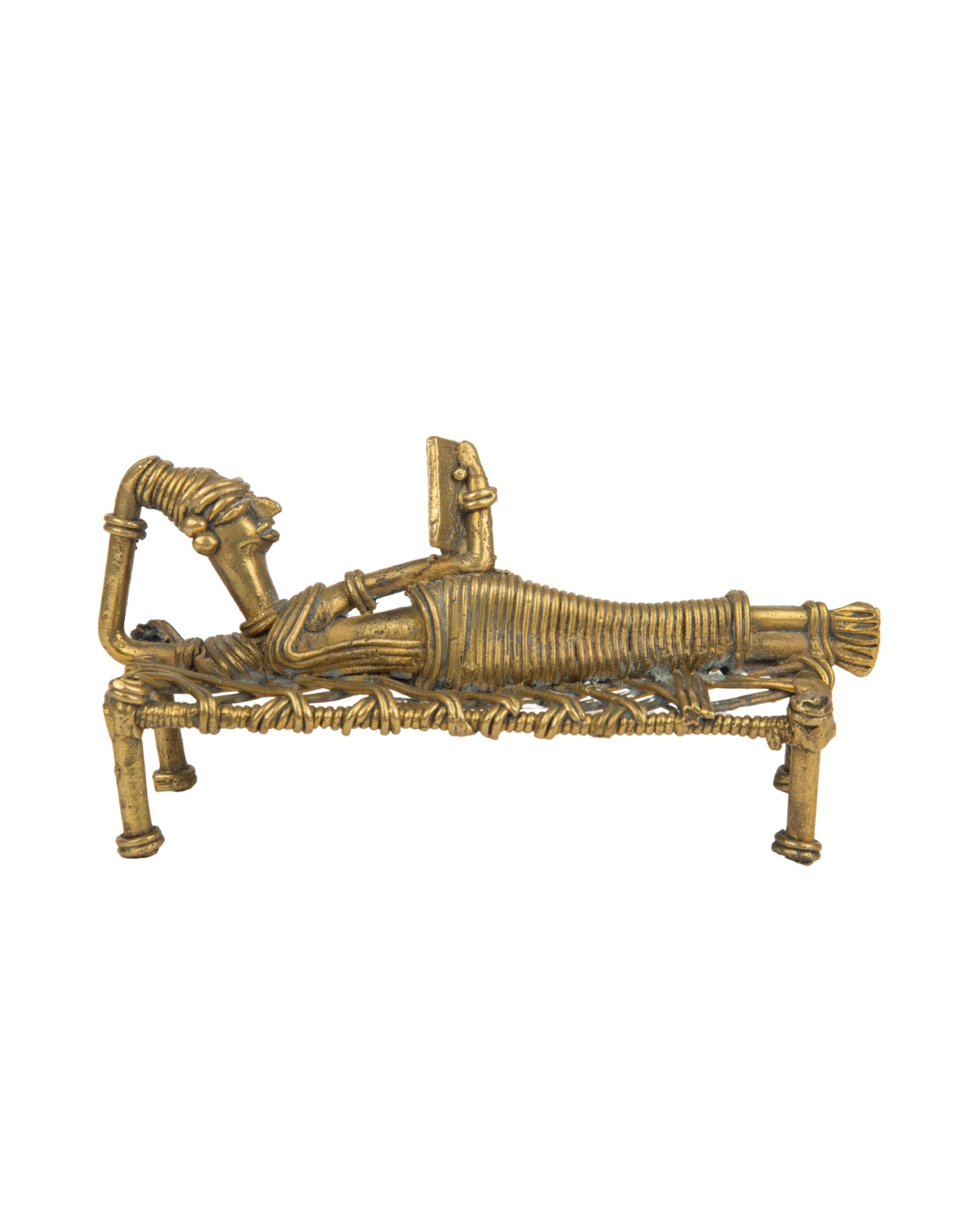 Premsons® Tribal Lady Reading Book Sleeping on Cot | Handcrafted Dhokra Craft Brass Figurine for Home & Office Décor