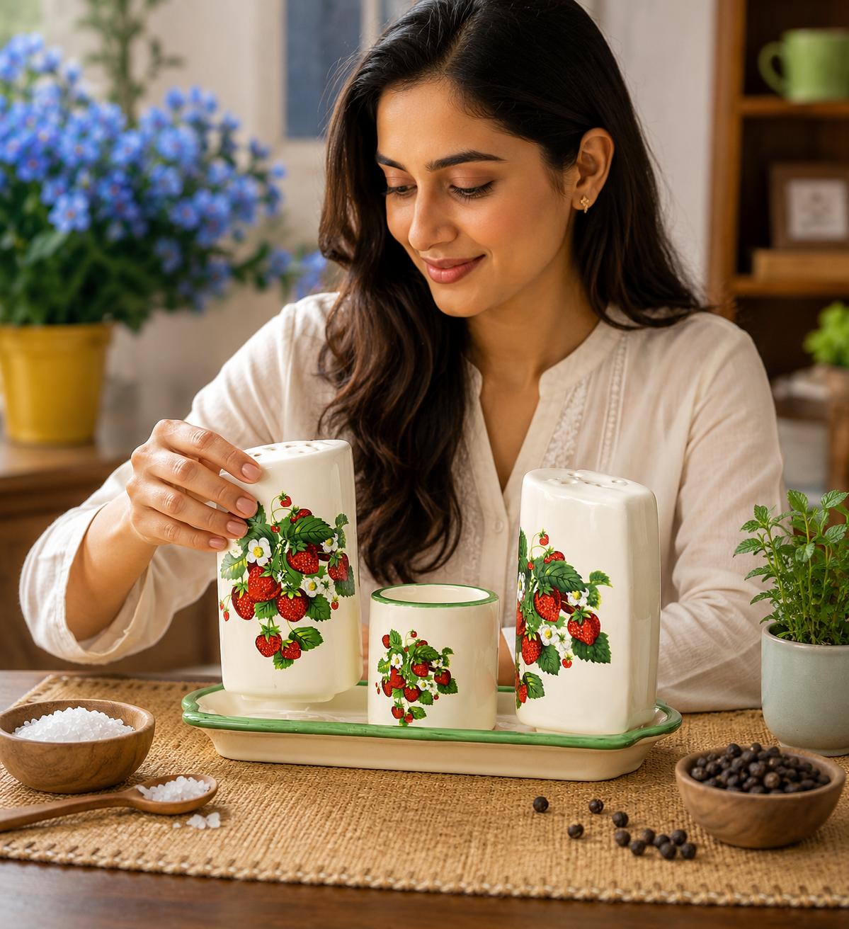 Premsons® Ceramic Salt and Pepper Shaker/Dispenser Set with Toothpick Holder – Elegant Tabletop Spice Set for Dining Table & Kitchen Décor
