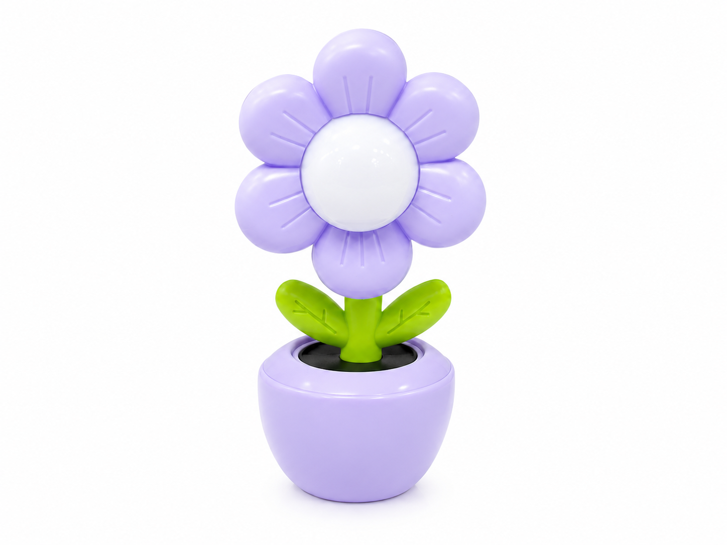 Purple flower LED night light with white glowing center and green leaves on purple pot.