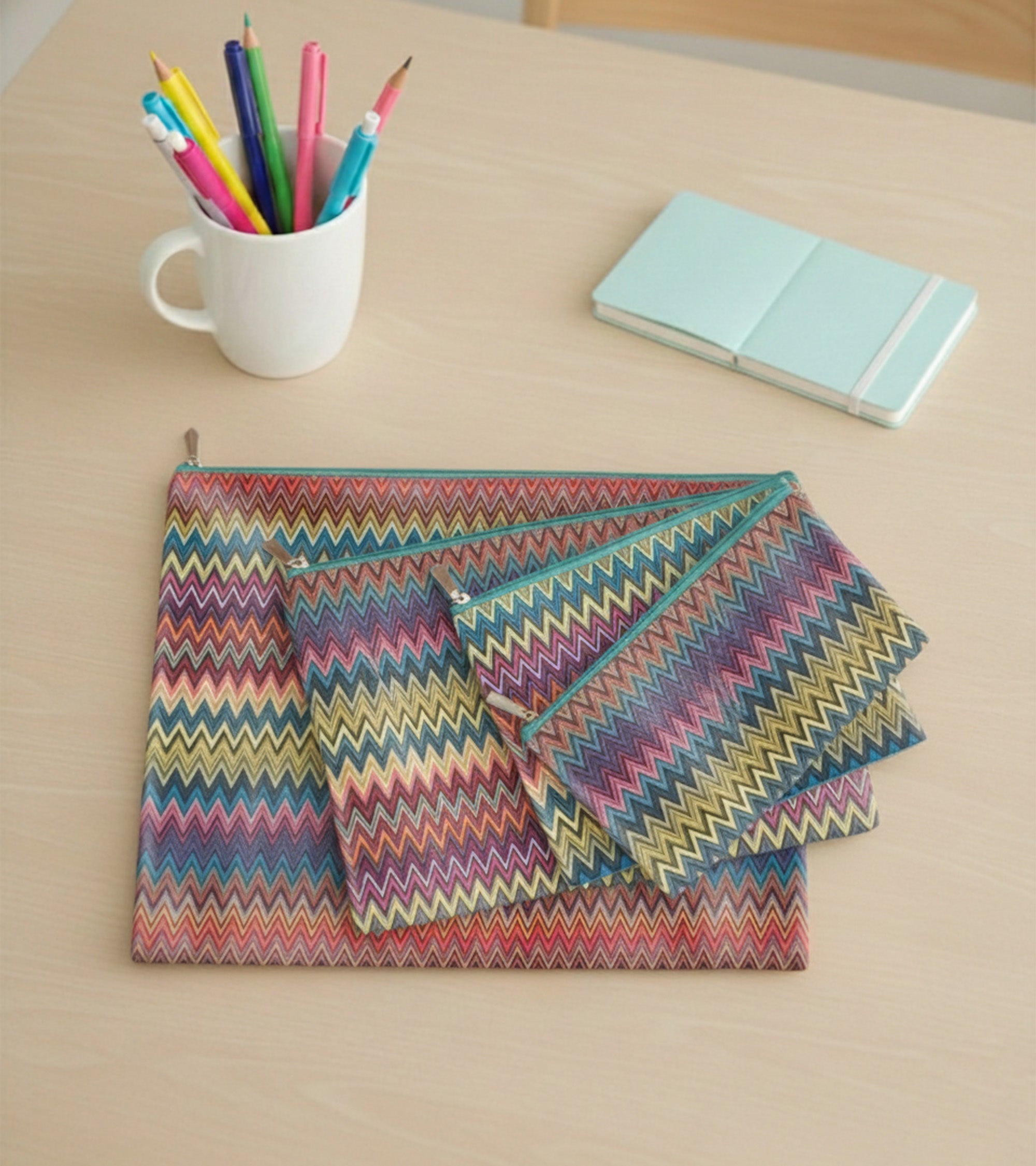 Premsons® Zigzag Print Pouch | Trendy Geometric Design, Durable Fabric, Secure Zip Closure, Lightweight & Multipurpose Storage for Travel, Makeup & Daily Essentials