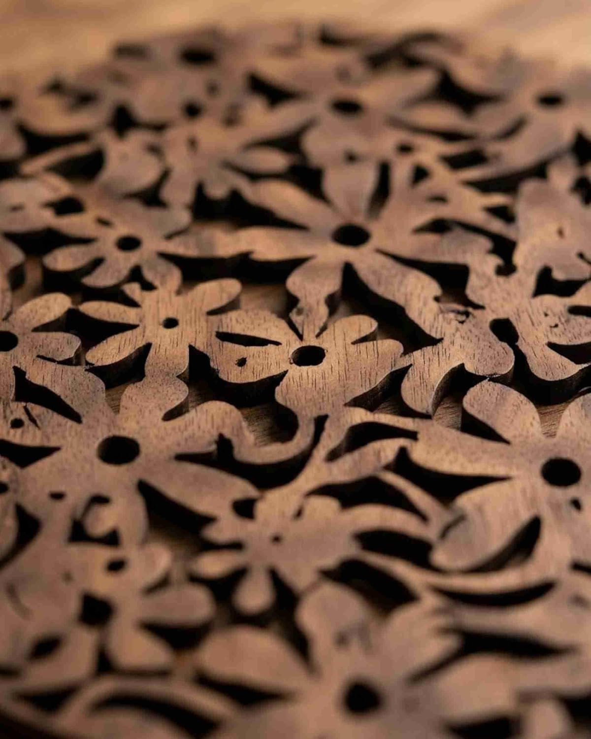Premsons® Wooden Trivet Round Floral Cutwork Design 26 cm Dark Brown Heat Resistant Table Protector for Hot Pots, Pans & Serving Dishes(Pack of 2)
