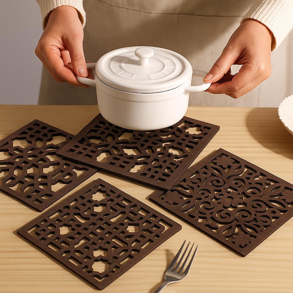 Premsons® Wooden Coasters & Trivet Pads for Kitchen – Heat-Resistant Bamboo Holders for Pots, Pans & Dishes – Tabletop Protectors for Dining Table & Countertop (Square, 20 x 20 cm) Set of 4