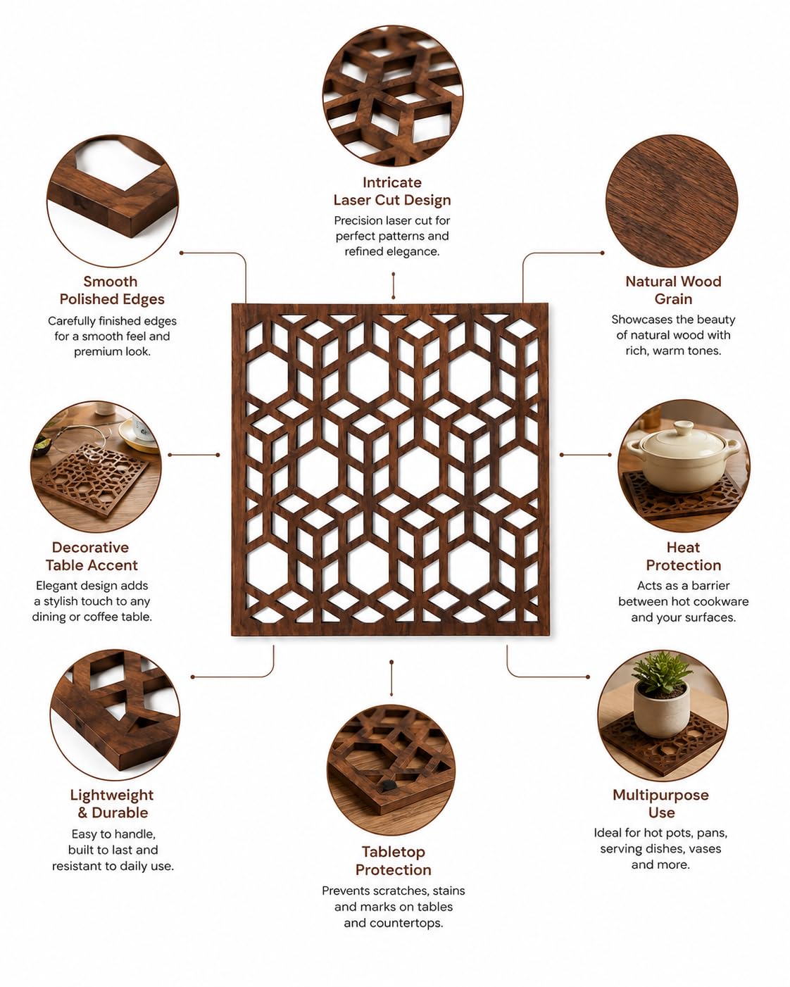 Premsons® Wooden Trivet Square Geometric Cube Design Dark Brown Heat Resistant Table Protector for Hot Pots, Pans & Serving Dishes