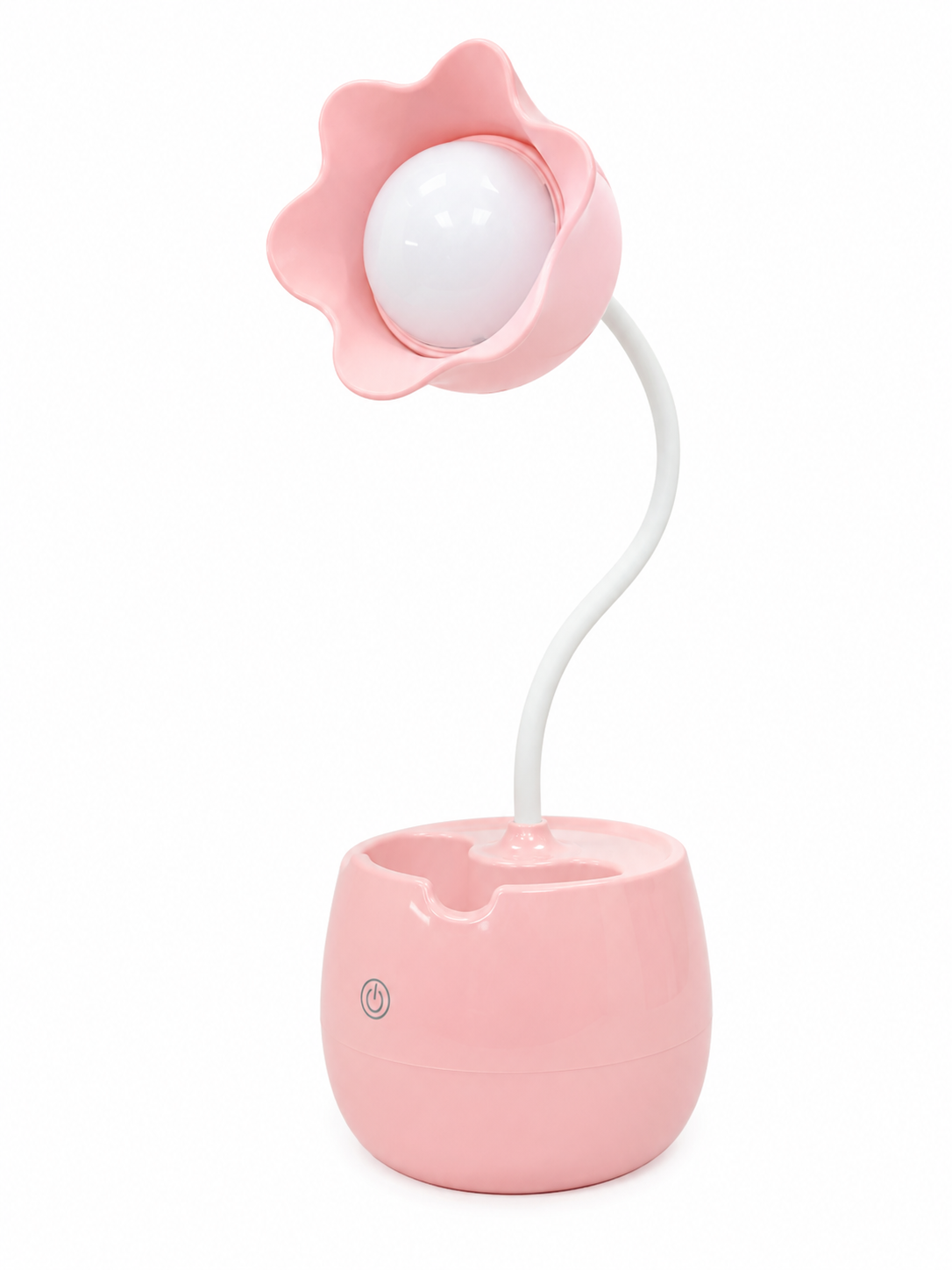 Pink flower LED table lamp with bulb shade and round pen holder base