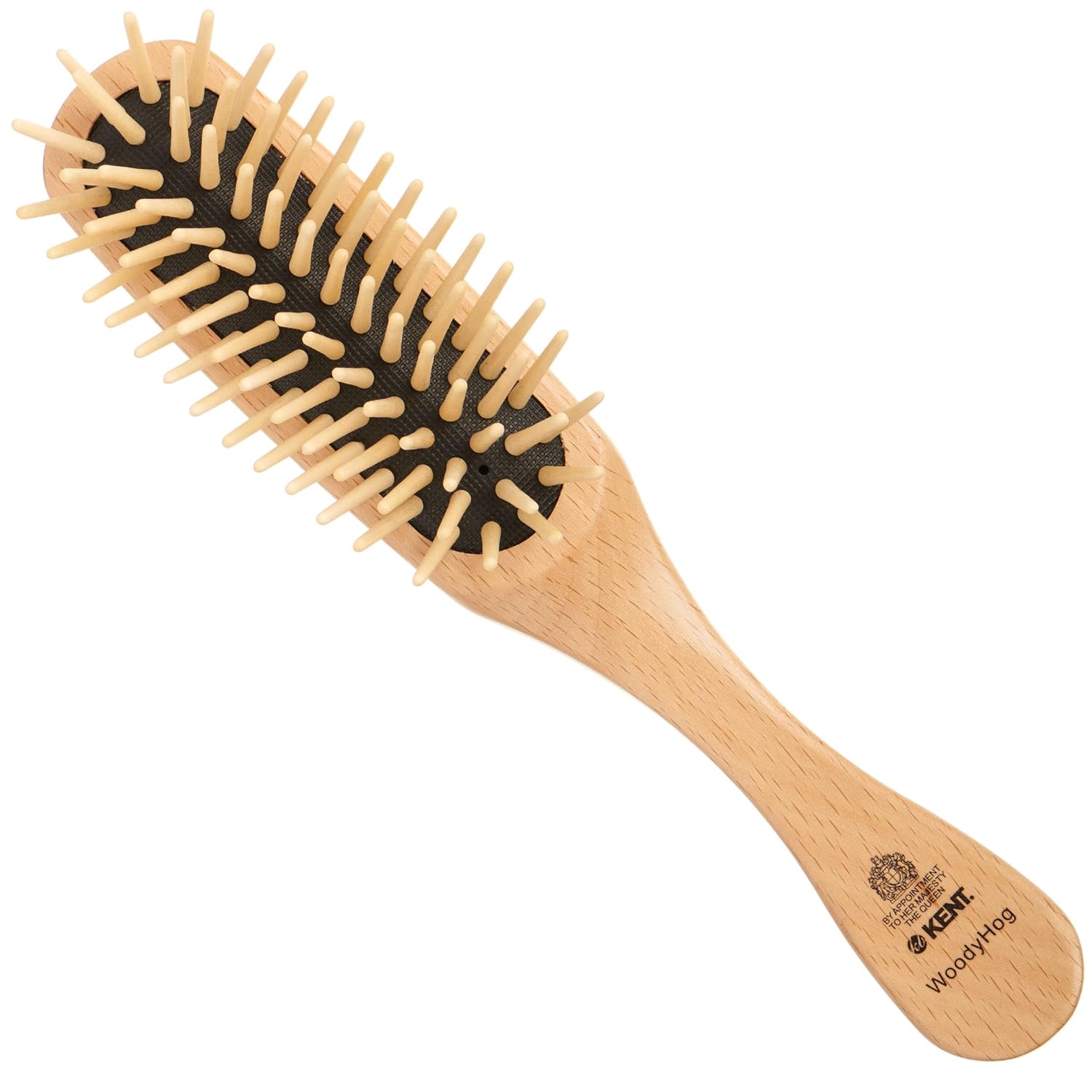 Wooden hair brush with beechwood handle and cushioned black pins