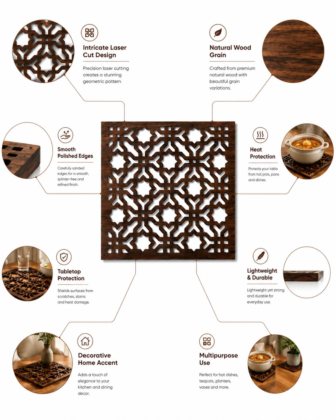 Premsons® Wooden Trivet Square Moroccan Geometric Cutwork Design Dark Brown Heat Resistant Table Protector for Hot Pots, Pans & Serving Dishes