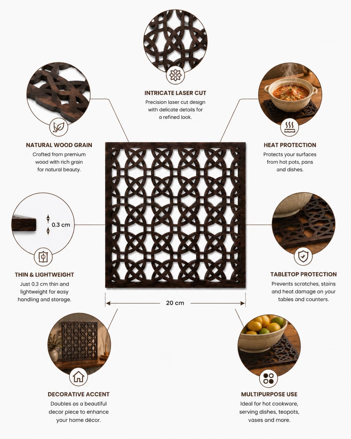 Premsons® Wooden Trivet Square Interlocking Geometric Cutwork Design Dark Brown Heat Resistant Table Protector for Hot Pots, Pans & Serving Dishes(Pack of 2)