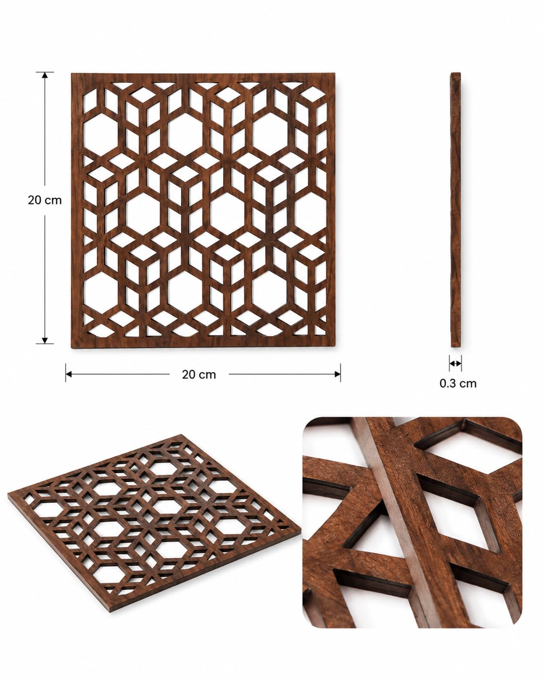 Premsons® Wooden Trivet Square Geometric Cube Design Dark Brown Heat Resistant Table Protector for Hot Pots, Pans & Serving Dishes