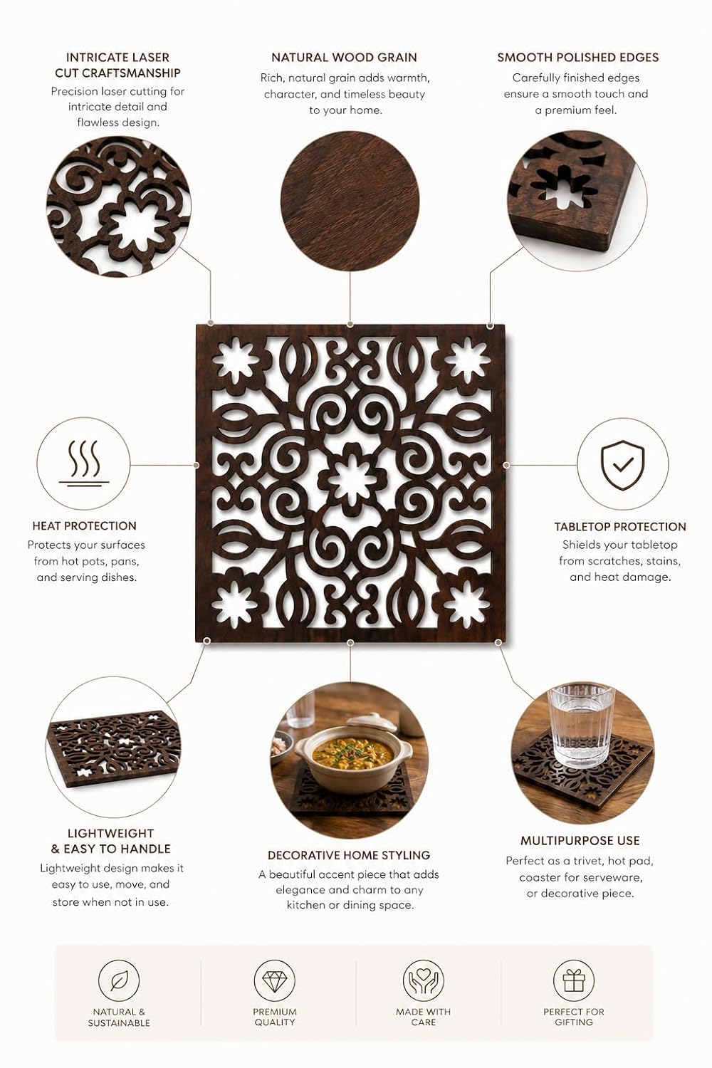 Premsons® Wooden Trivet Square Floral Scroll Cutwork Design Dark Brown Heat Resistant Table Protector for Hot Pots, Pans & Serving Dishes(Pack of 2)
