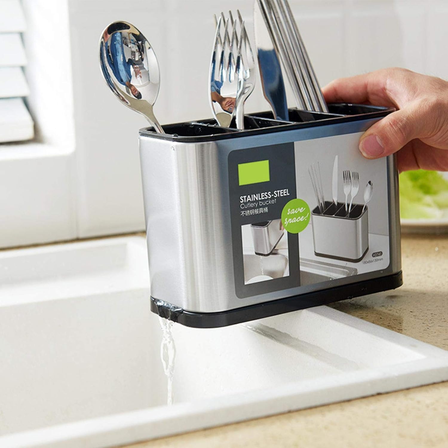 Premsons® Stainless Steel Cutlery Bucket Holder Stand - Multipurpose Kitchen Spoon, Fork & Utensil Organizer - Rust Resistant Storage Container