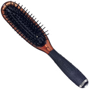 Detangling hair brush with brown oval head, black bristle quills, dark rubber grip handle.