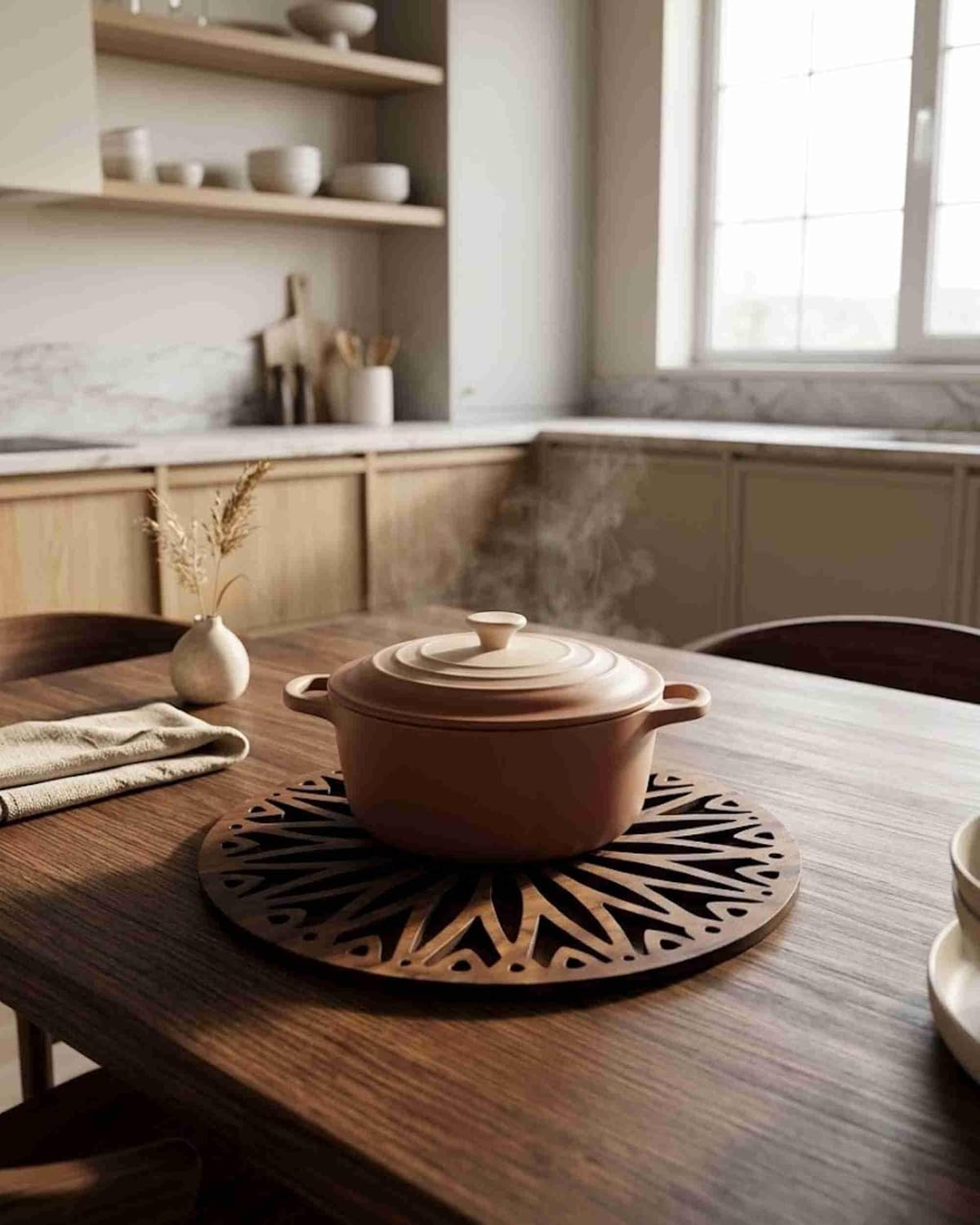 Premsons® Daisy Bloom Design Wooden Trivet | Dark Brown Round Decorative Heat Resistant Pot Stand | Wooden Table Protector