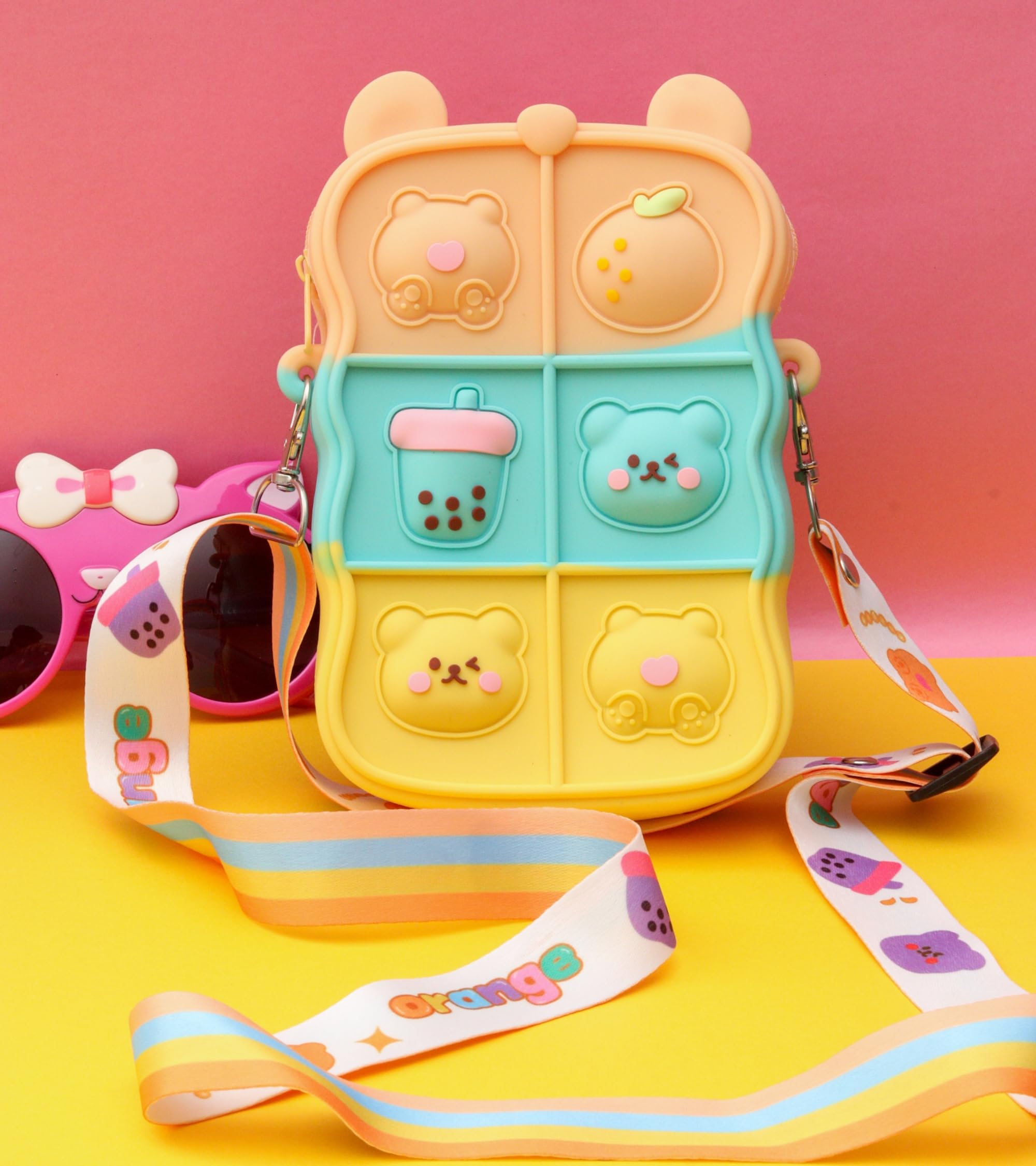 Premsons® Silicone Pop It Sling Bag for Kids – Fun & Functional Mobile Holder with Sensory Fidget Design | Crossbody Bag - (Orange, Blue & Yellow)