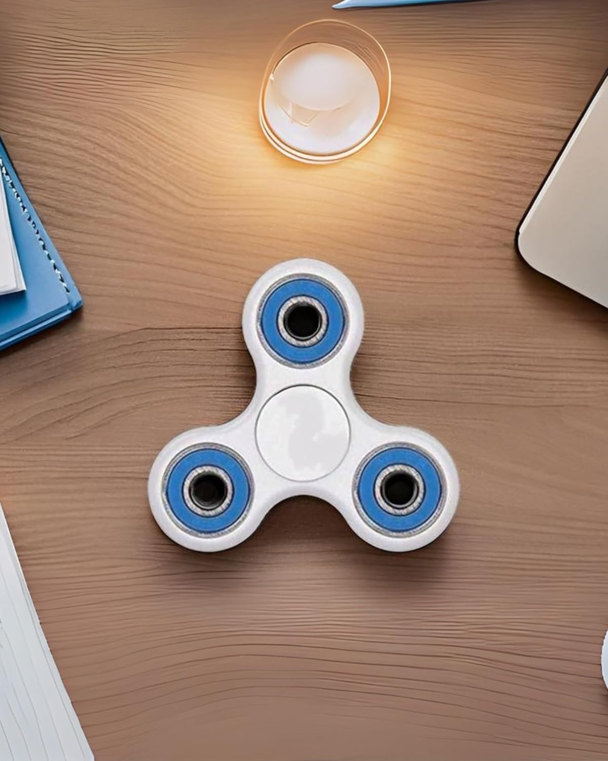 Premsons® Hand Spinner Desk Toy - High Speed Smooth Finger Spin Sensory Fidget Stress Relief Game Play for Kids & Adults - Birthday Party Gift - Four Bearing - White + Blue Bearing