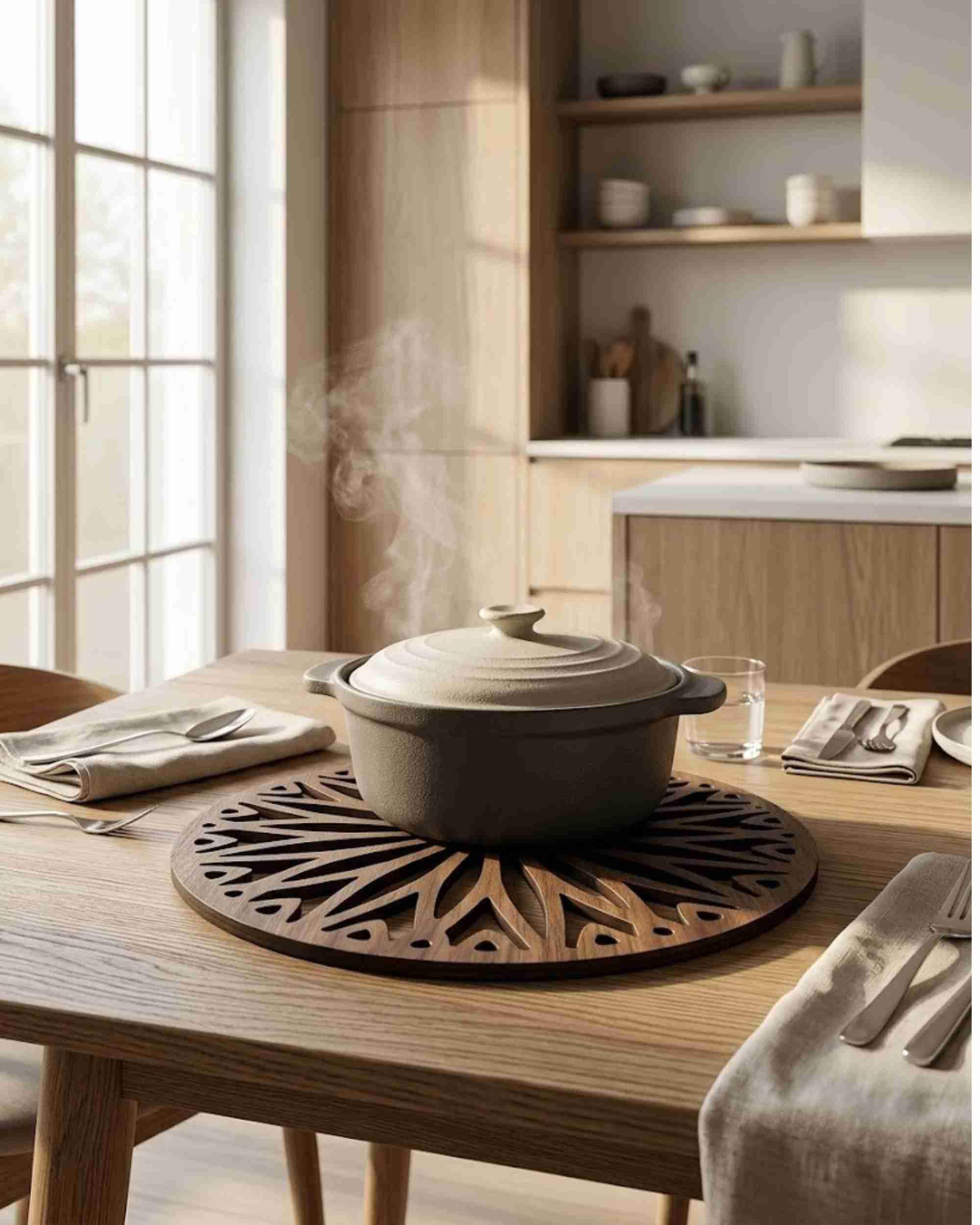 Premsons® Premsons Daisy Bloom Design Wooden Trivet | Light Brown Round Decorative Heat Resistant Pot Stand | Wooden Table Protector(Pack of 2)