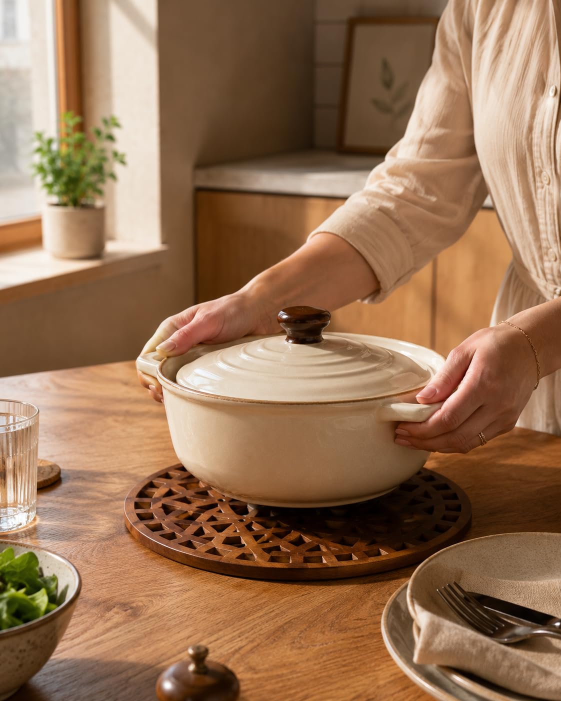 Premsons® Interlocking Floral Lattice Design Wooden Trivet | Light Brown Round Heat Resistant Pot Stand | Decorative Wooden Table Protector for Hot Pots, Pans & Serving Dishes(Pack of 2)