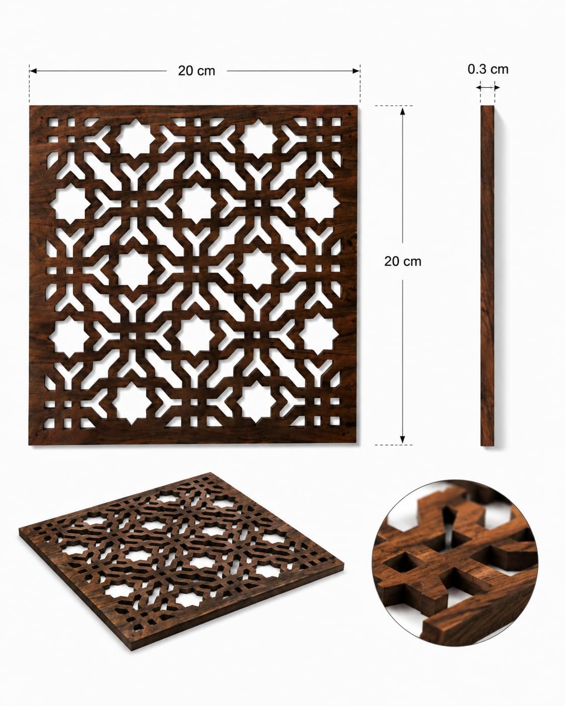 Premsons® Wooden Trivet Square Moroccan Geometric Cutwork Design Dark Brown Heat Resistant Table Protector for Hot Pots, Pans & Serving Dishes