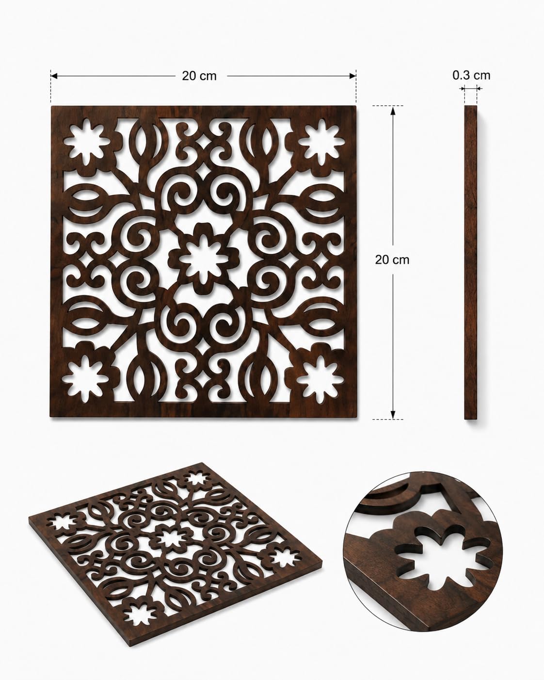 Premsons® Wooden Trivet Square Floral Scroll Cutwork Design Dark Brown Heat Resistant Table Protector for Hot Pots, Pans & Serving Dishes(Pack of 2)