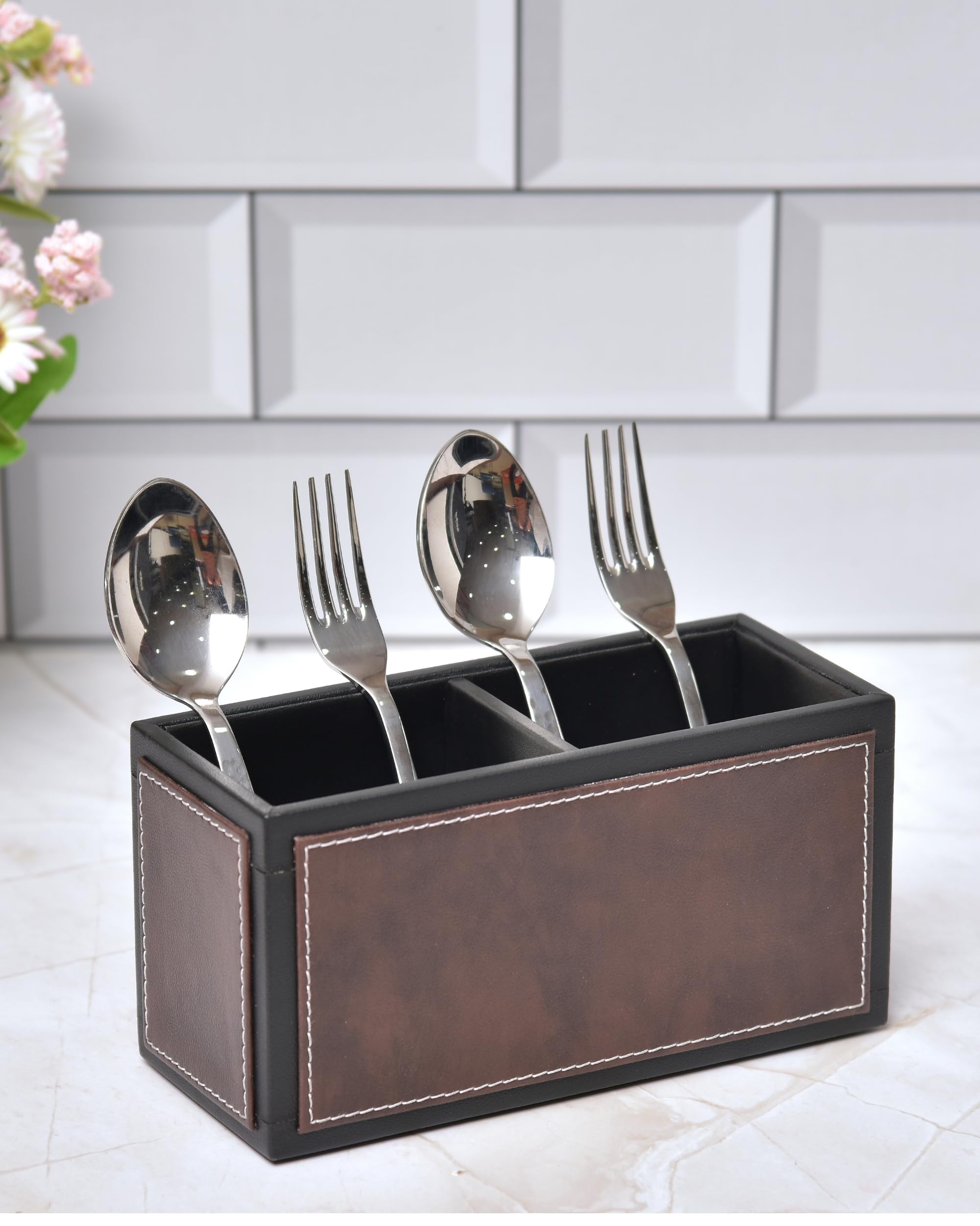 Premsons® Leatherette Cutlery Holder | Multipurpose Organizer for Kitchen and Tableware (Dark Brown & Black, 2 Section)