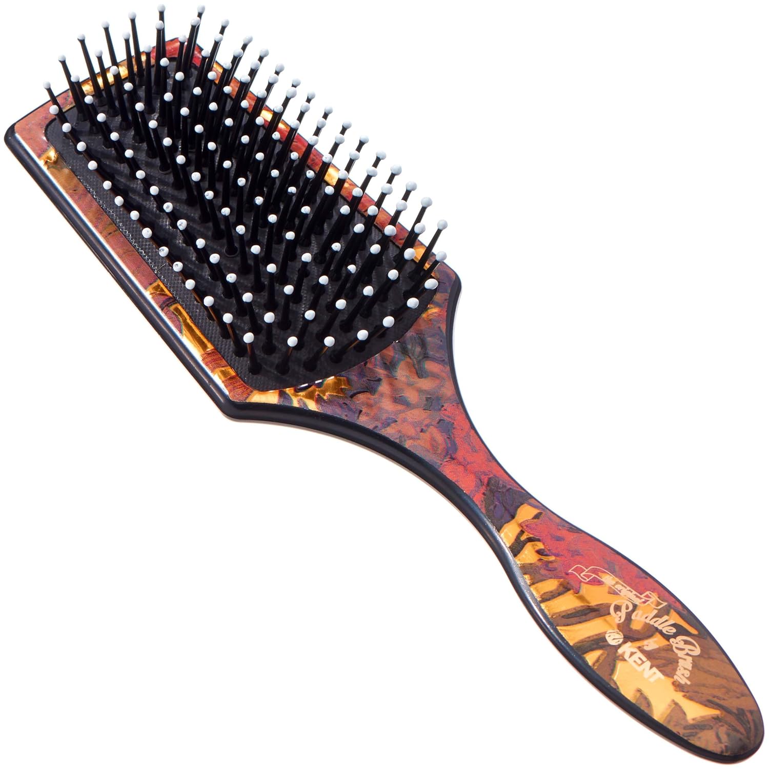 Small floral paddle hair brush with black bristles and white ball-tipped pins