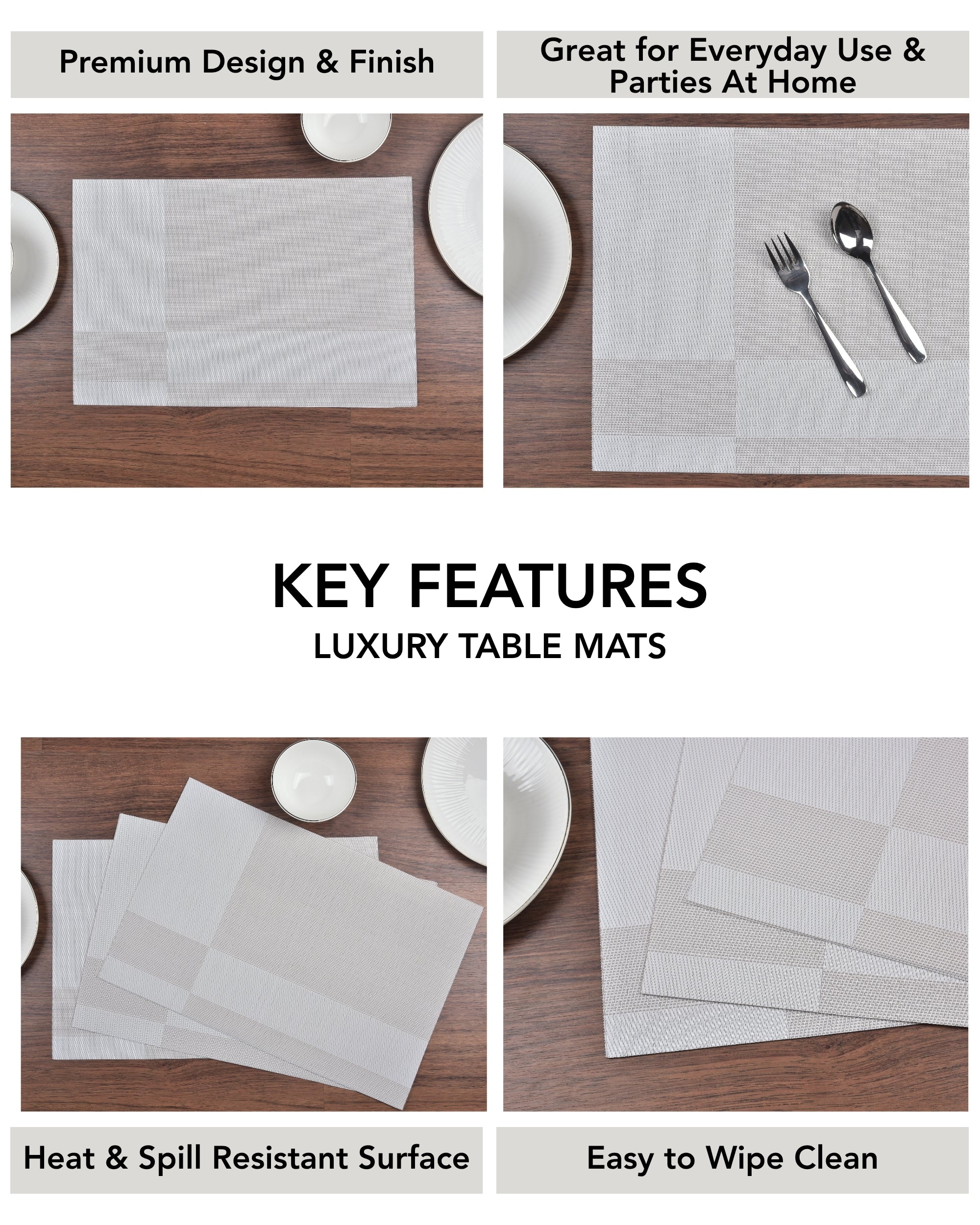 Premsons® Grey Rectangle Metallic Placemats – Washable, Wipeable, Non-Slip & Stain-Resistant Table Mats for Dining, Kitchen, Wedding & Party Décor
