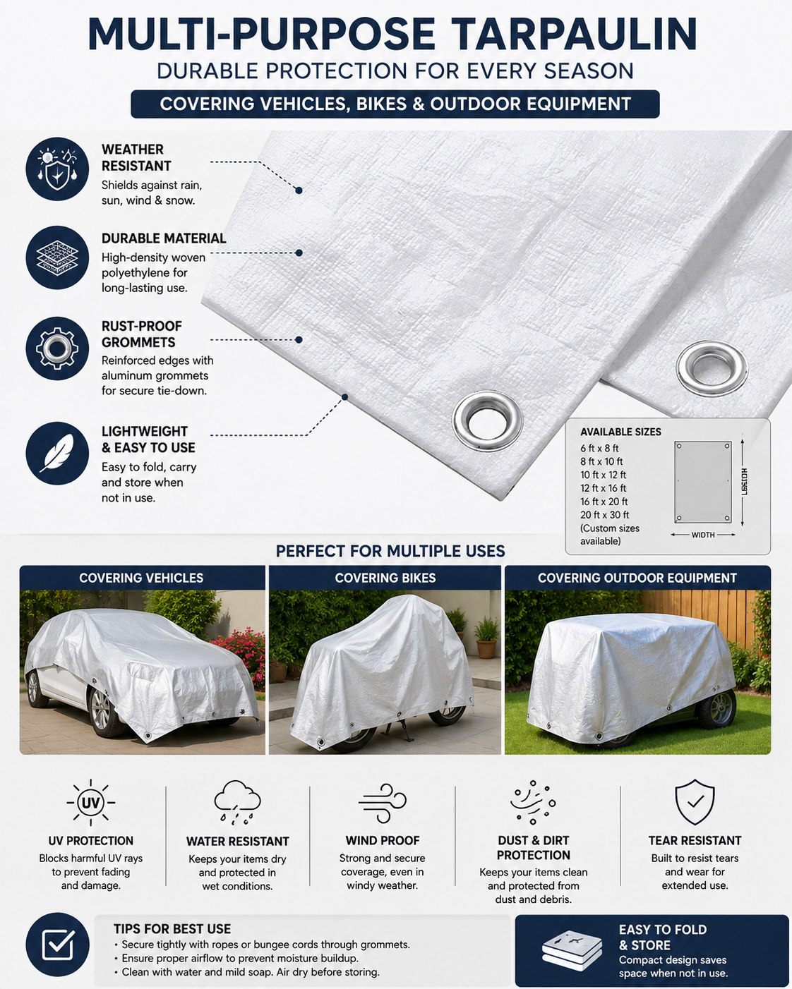 Thick white waterproof tarpaulin sheet with reinforced edges and metal grommets