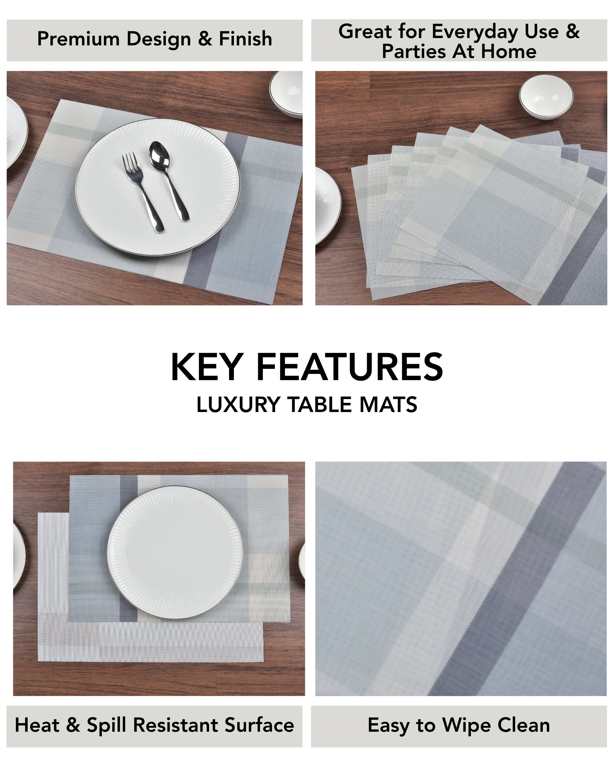 Premsons® Grey & Blue Rectangle Metallic Placemats – Washable, Wipeable, Non-Slip & Stain-Resistant Table Mats for Dining, Kitchen, Wedding & Party Décor
