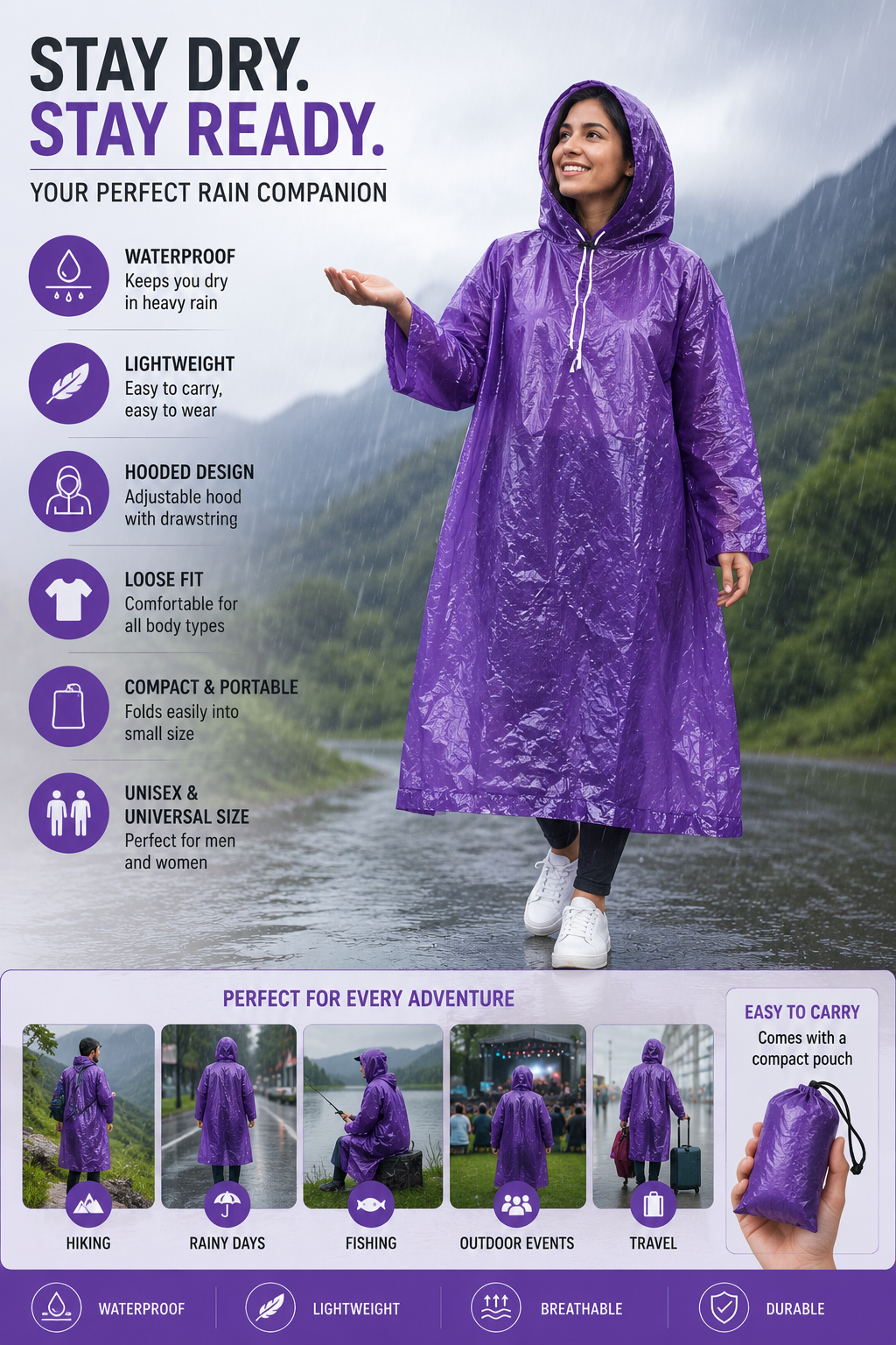 Purple hooded rain poncho with front drawstring, loose sleeves, full-length coverage