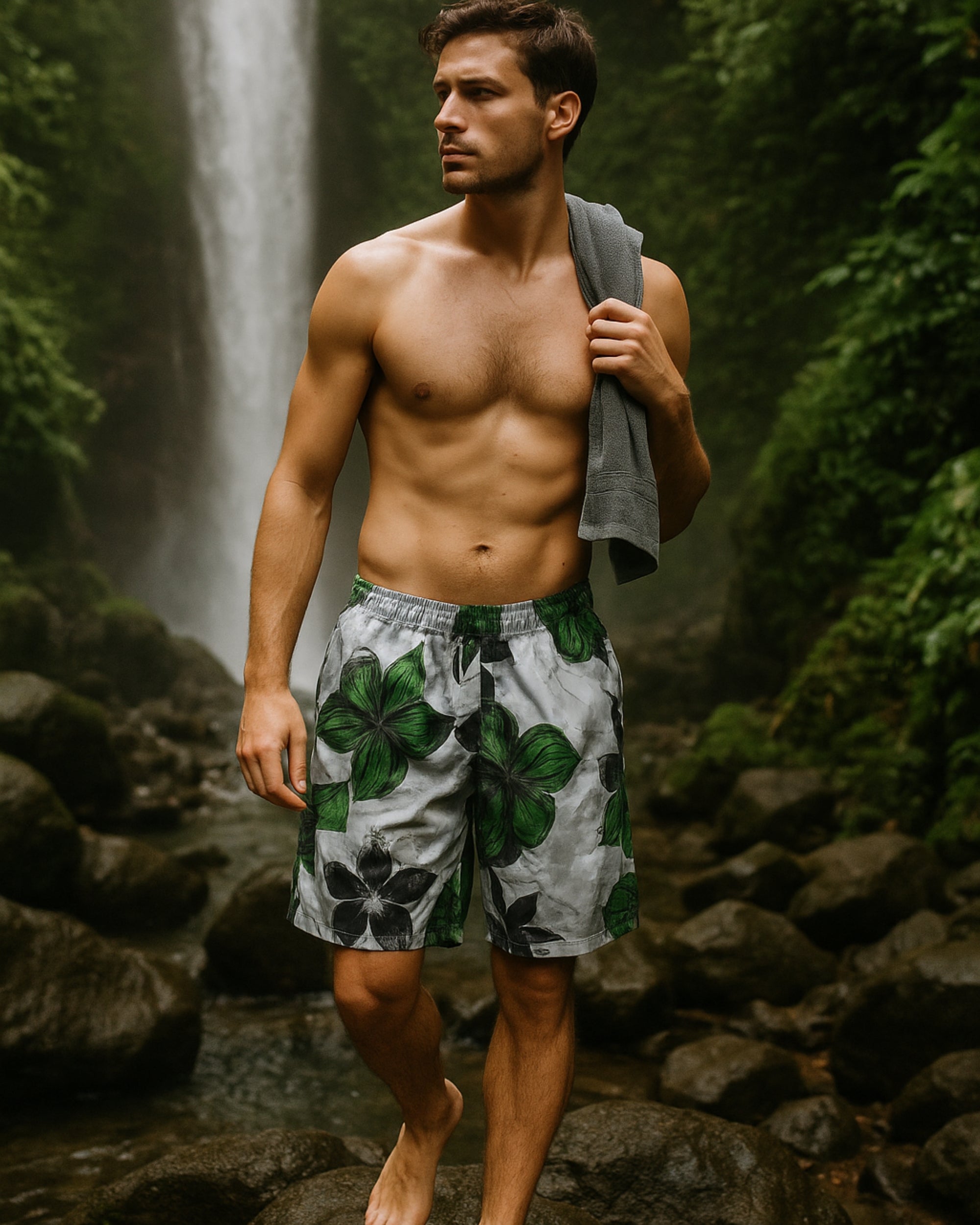 Premsons® Men's Printed Swim Shorts with Pockets, Adjustable Drawstring, Quick-Dry Fabric & Comfortable Fit – Beach & Pool Wear -Grey & Green - 32 Size