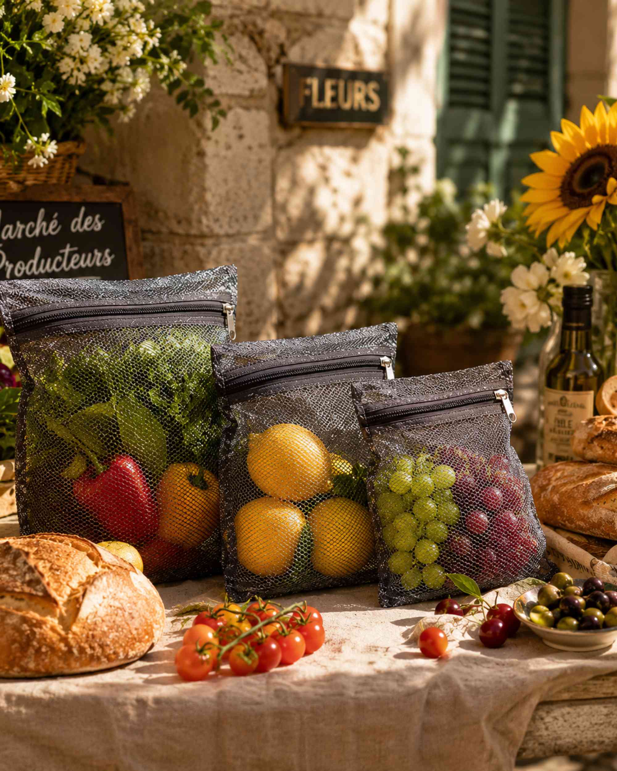 Grey zippered mesh fridge bags filled with fruits and vegetables, shown in a group
