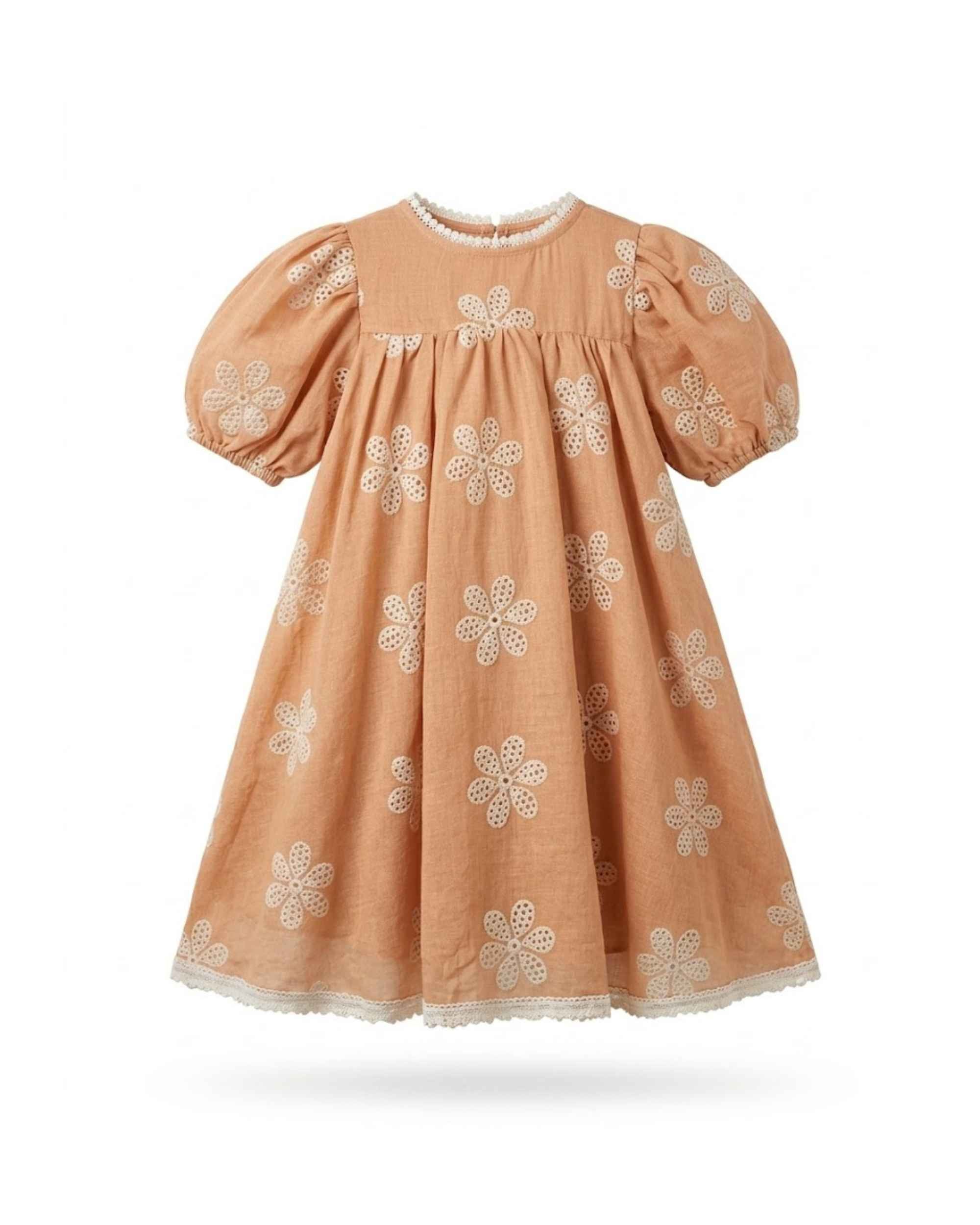Peach Floral Embroidered Dress for Girls Puff Sleeve Elegant Party Wear Default Title