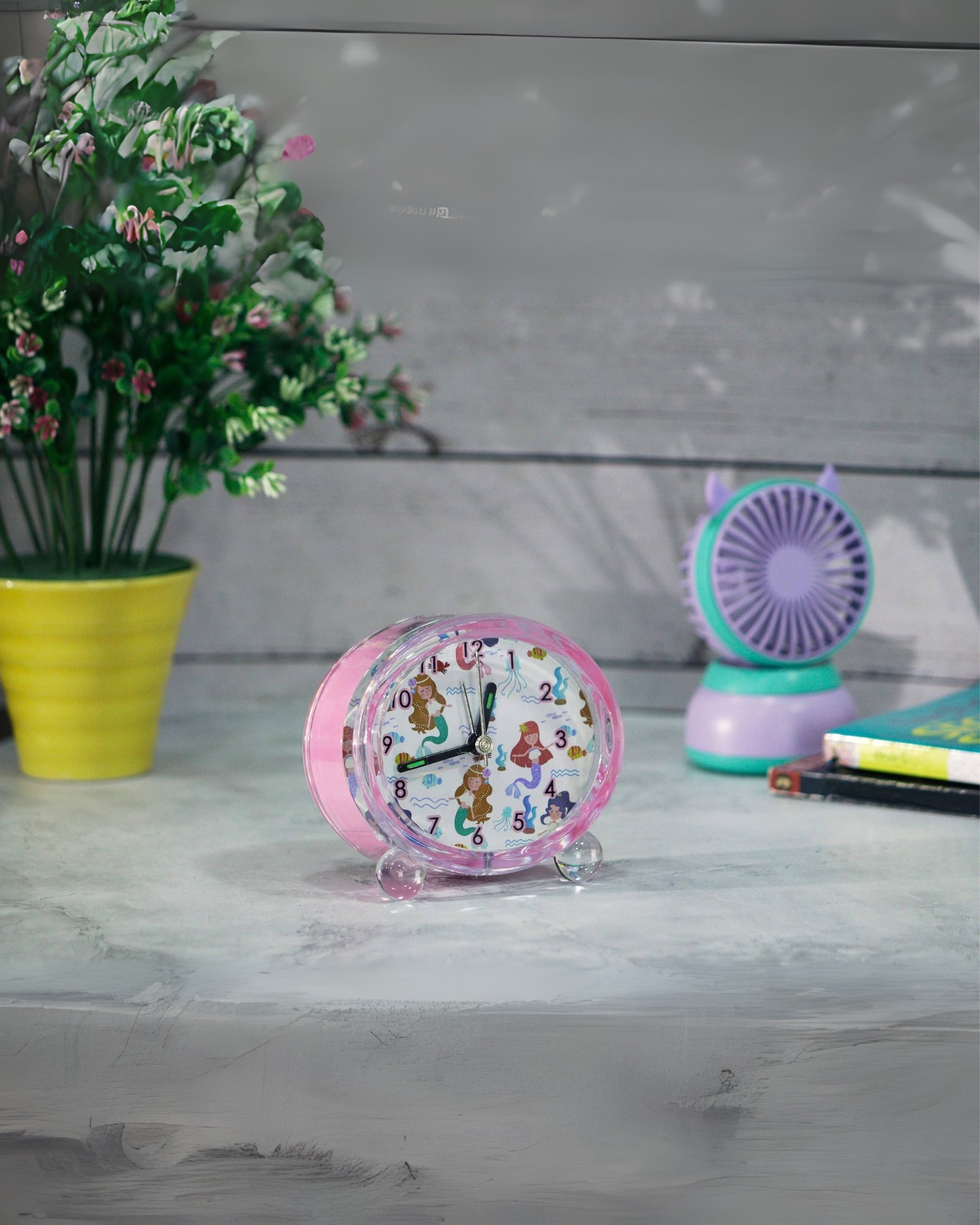 Premsons® Table Clock for Kids - Girls Bedroom Beep Alarm Clock - Loud Bell Alarm for Children Study Table - Bed Watch for Heavy Sleepers - Mermaid Design - Oval Shape - Assorted Colours