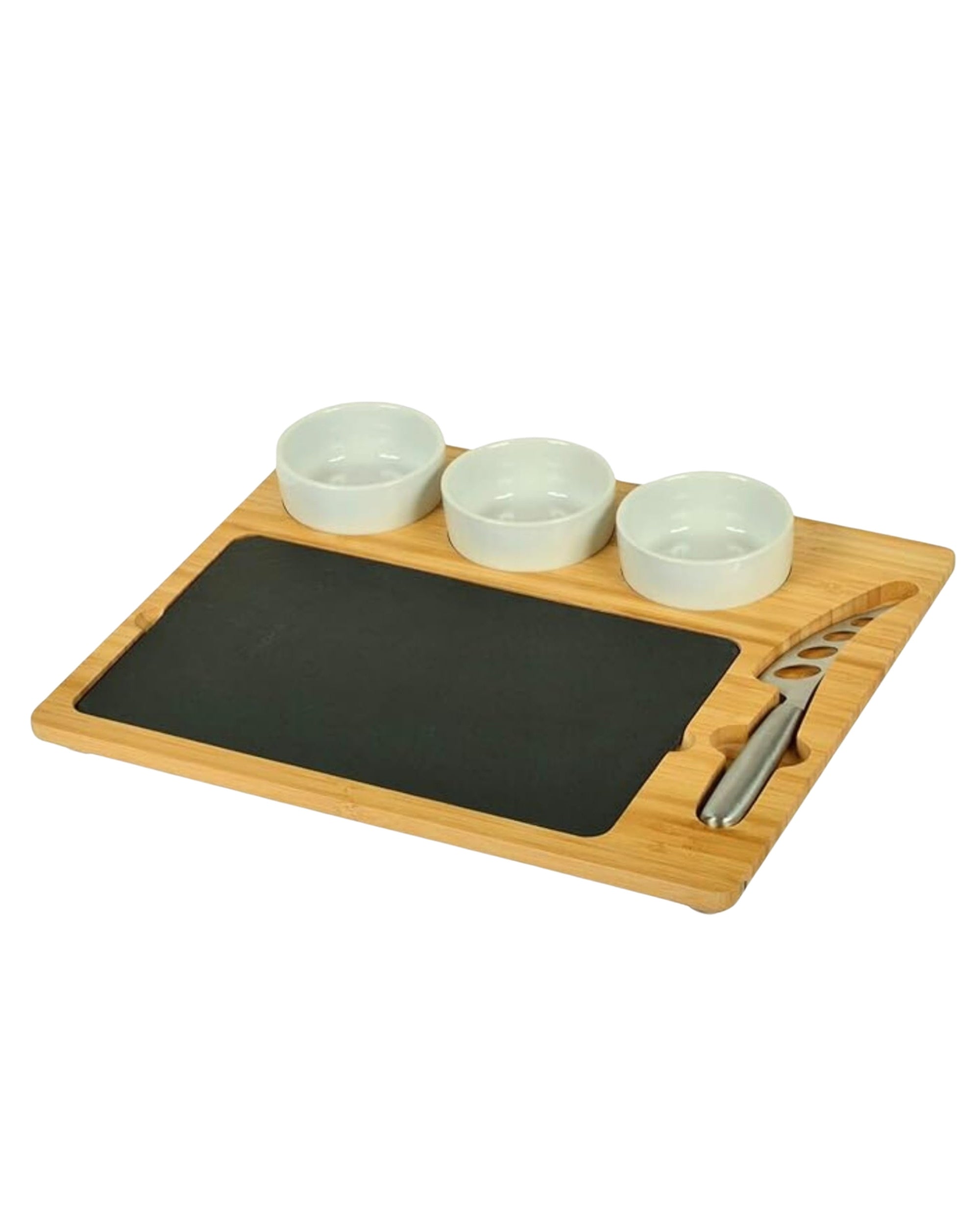 Premsons® Bamboo Cheese Board & Knife Set - Includes 1 Knife + Ceramic Bowls - Rectangle Serving Tray for Snacks Appetizers Cheese Fruits Crackers - Ideal for Home Party Dinner Special Occasions