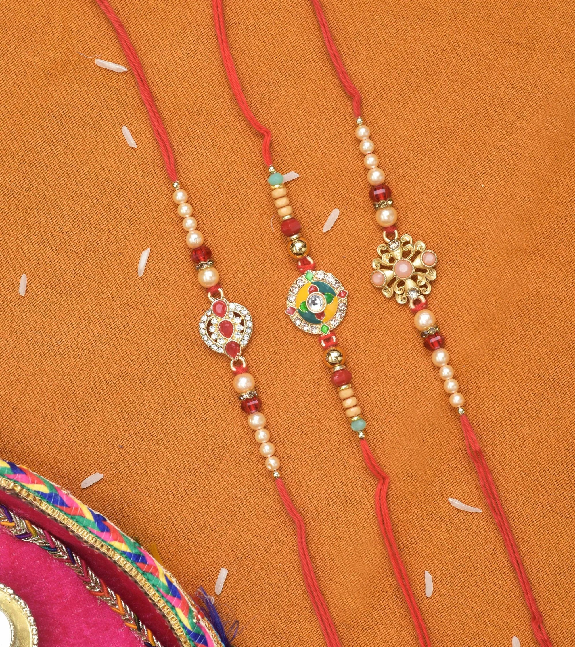 Premsons® Premium Rakhi Set of 3 – Assorted Elegant Rakhis for Bhai with Beads & Charms