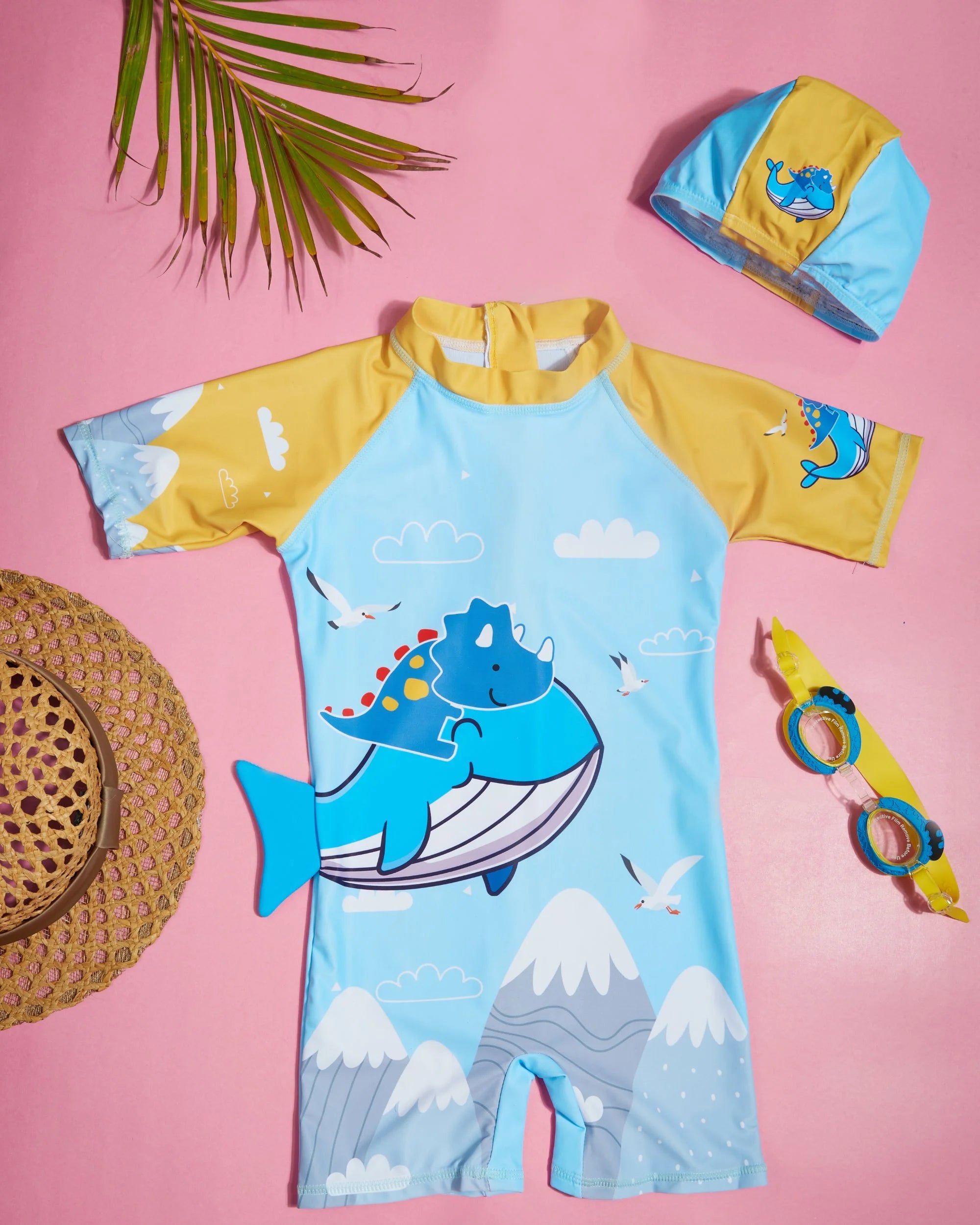 Premsons® Children's One-Piece Swimwear – Half Sleeve & Shorts Length Swimming Costume with Matching Cap - Whale