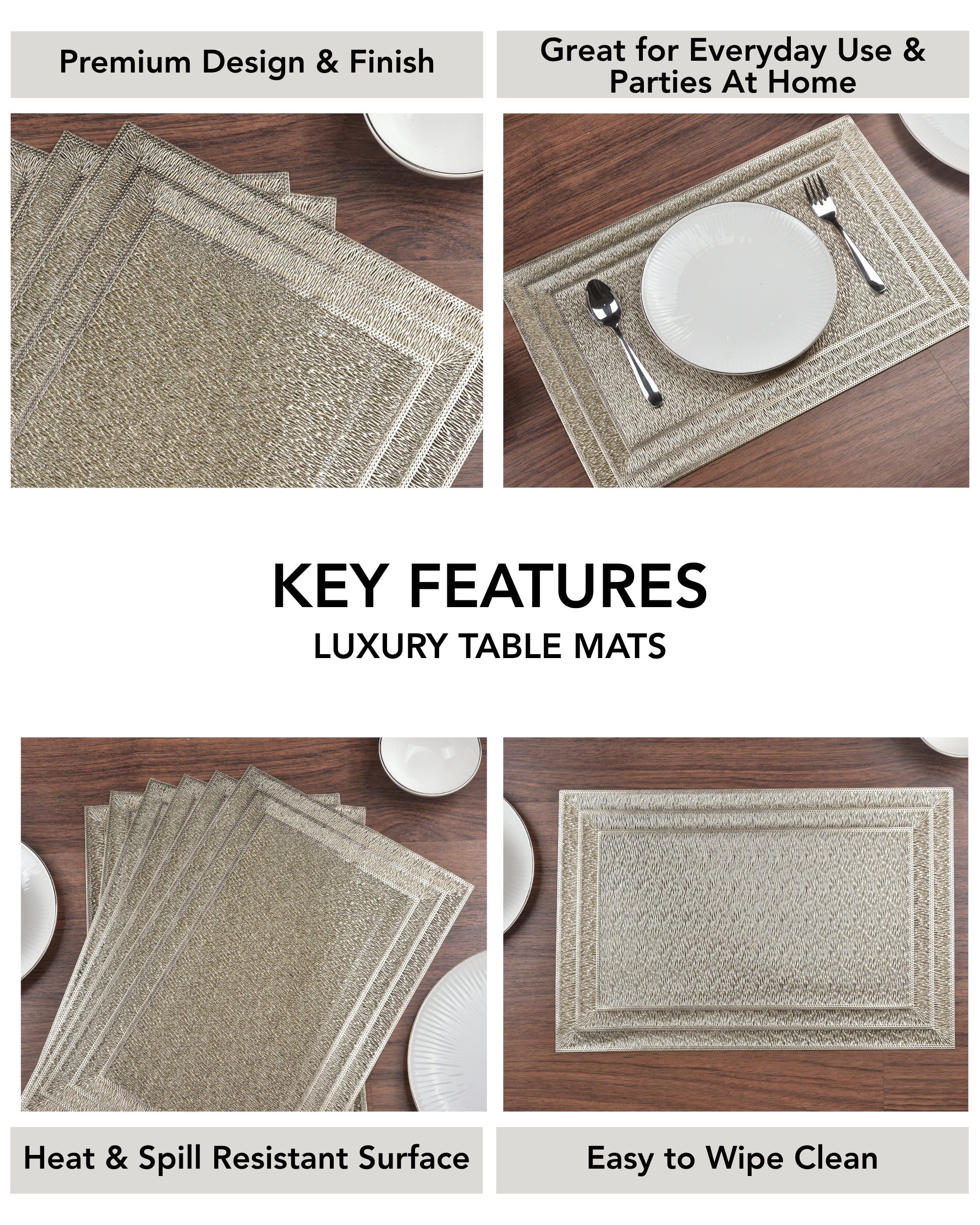 Premsons® Golden Vinyl Rectangle Placemats – Washable, Non-Slip, Stain-Resistant Hollow Design Table Mats for Dining, Kitchen, Wedding & Party Décor