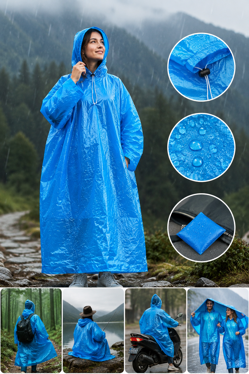 Blue hooded rain poncho with front drawstring, long length with visible water droplets