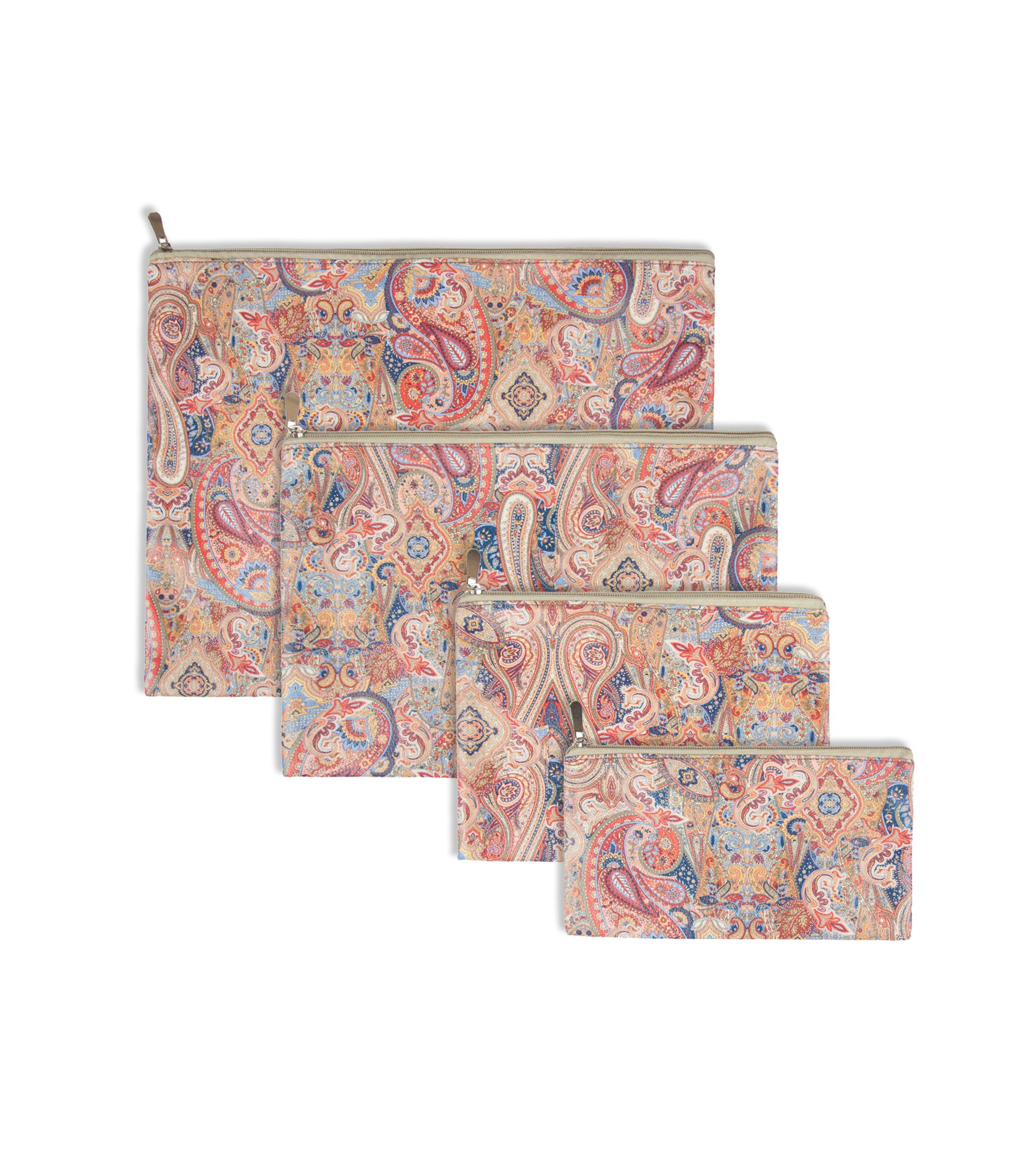 Premsons® Paisley Print Leather Pouch Set of 4 (1XL, 1L, 1M, 1S) | Elegant Ornamental Design, Premium Finish, Zip Closure, Multipurpose Storage