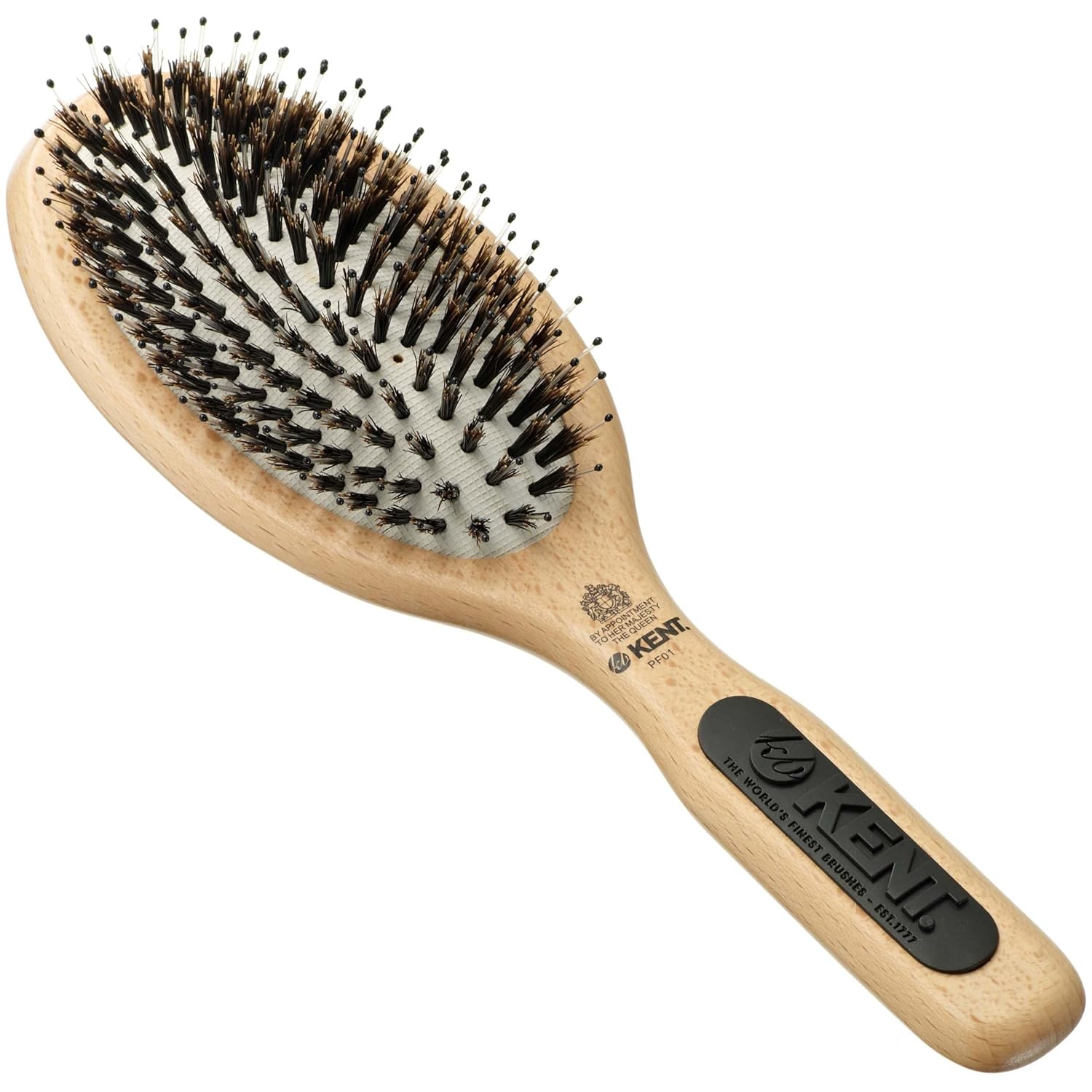 Oval wooden paddle hair brush with densely packed black bristles, KENT
