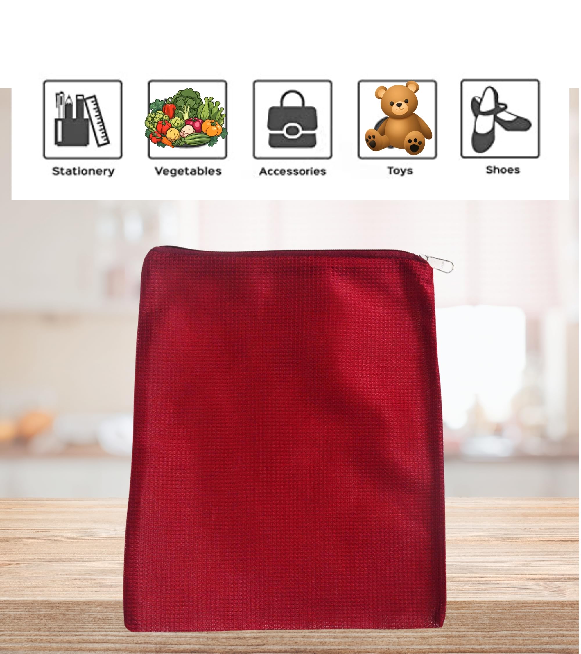 Premsons® Fridge Organiser - Reusable Layer Mesh Net Multipurpose Vegetable Bags for Fridge Storage - Kitchen Storage Bags Organizer with Sturdy Zipper - Set of 8 Pcs - 2 Bags Per Size - Maroon