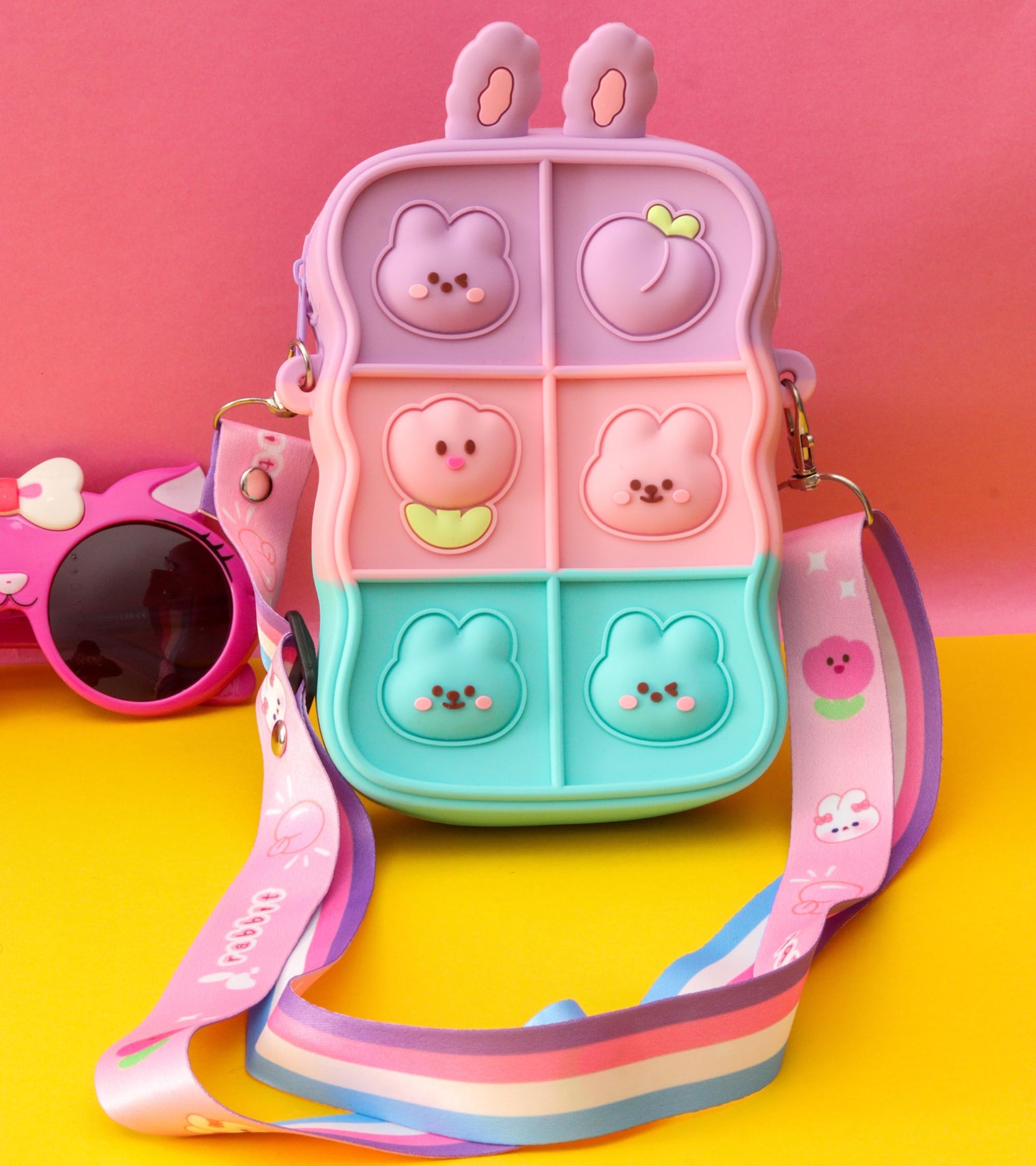 Premsons® Silicone Pop It Sling Bag for Kids – Fun & Functional Mobile Holder with Sensory Fidget Design | Crossbody Bag - (Purple, Pink & Green)
