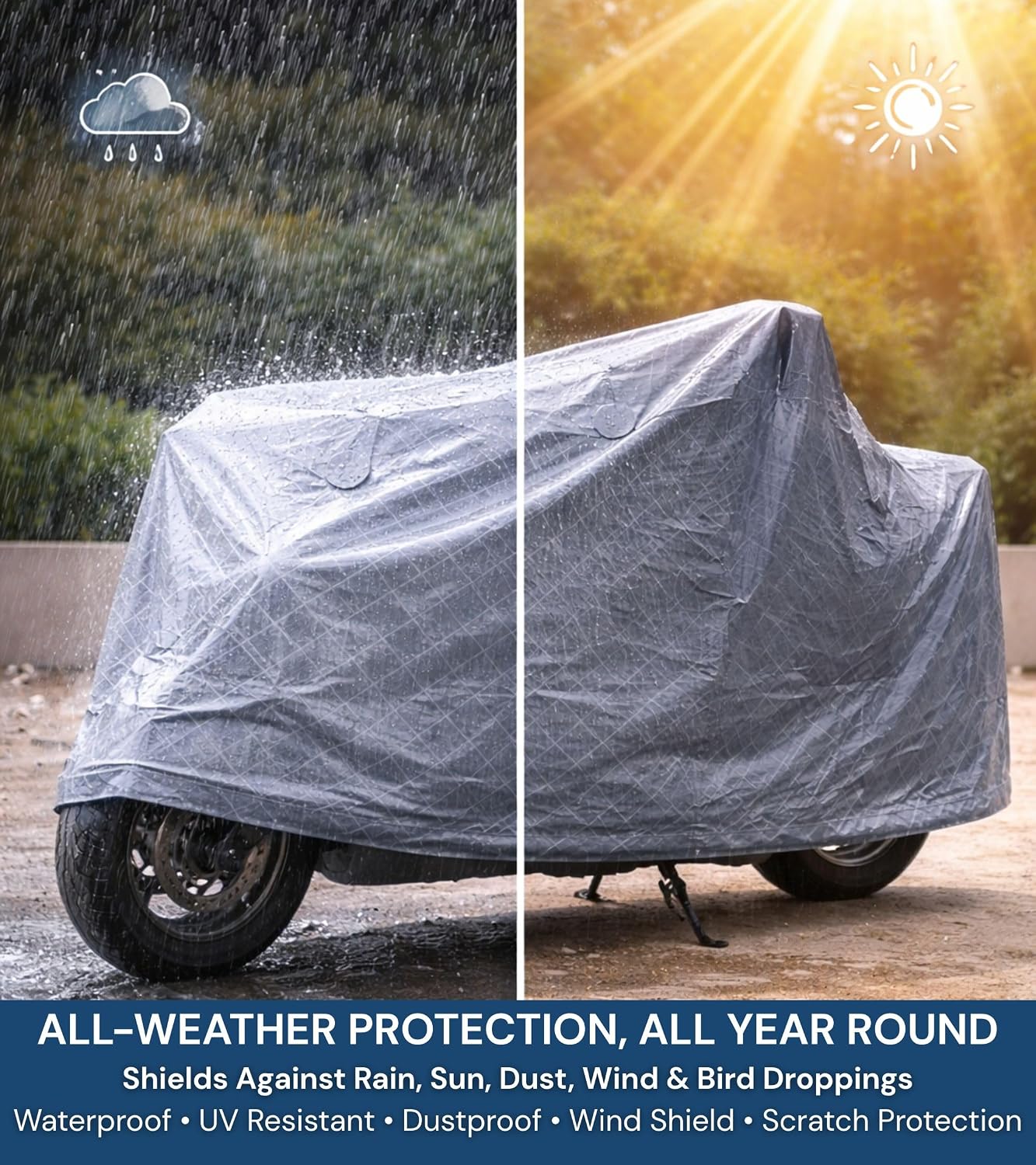 Premsons® Multilayer UV-Stabilized Waterproof Two-Wheeler Cover for Bike/Scooter/Scooty/Activa – Cross Laminated Protection from Rain, Sun & Dust (Grey) Large And Small