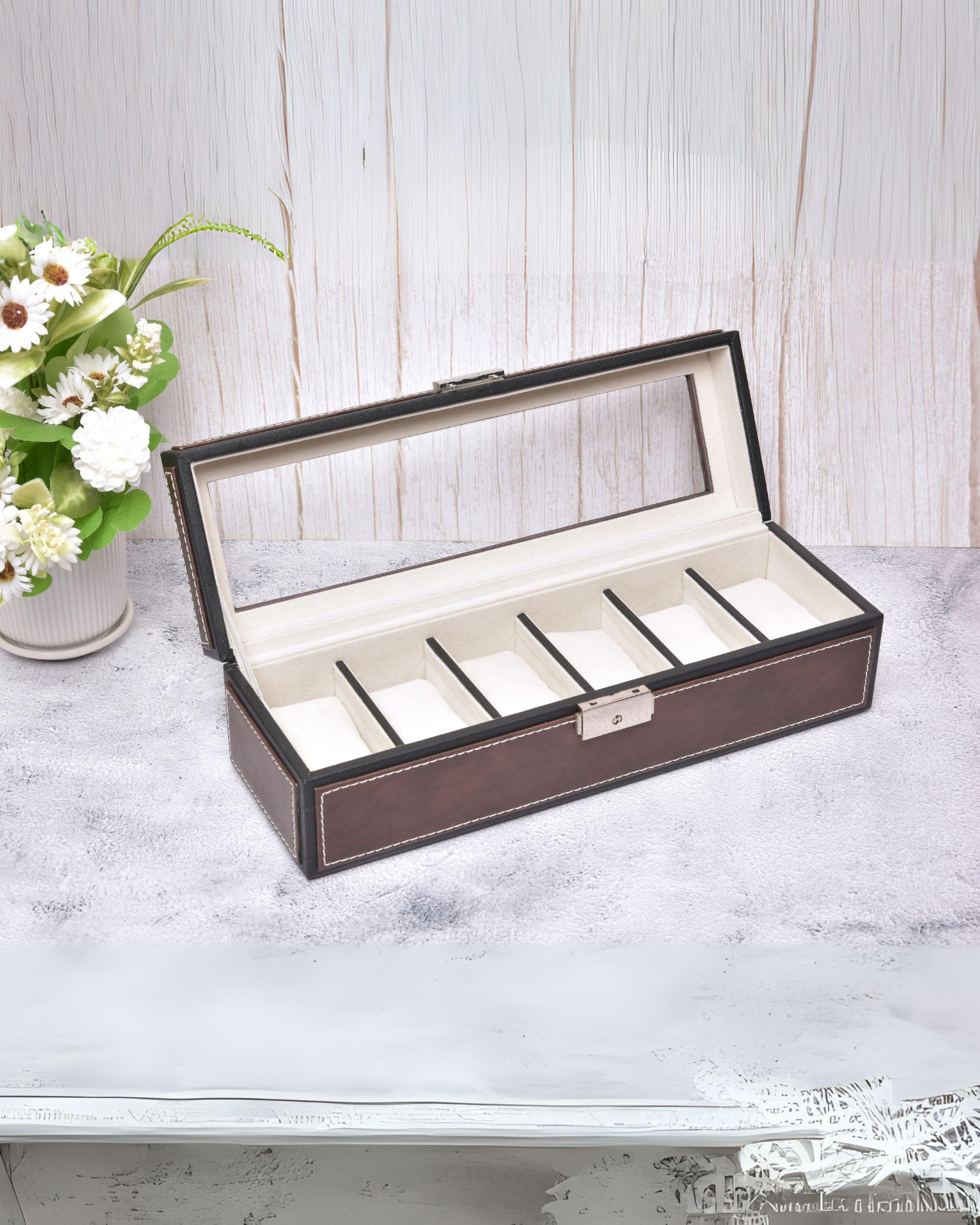 Premsons® Premium Leatherette 6-Slot Watch Box Holder and Organizer Case for Men and Women | Elegant Storage for Watches | Dark Brown & Black
