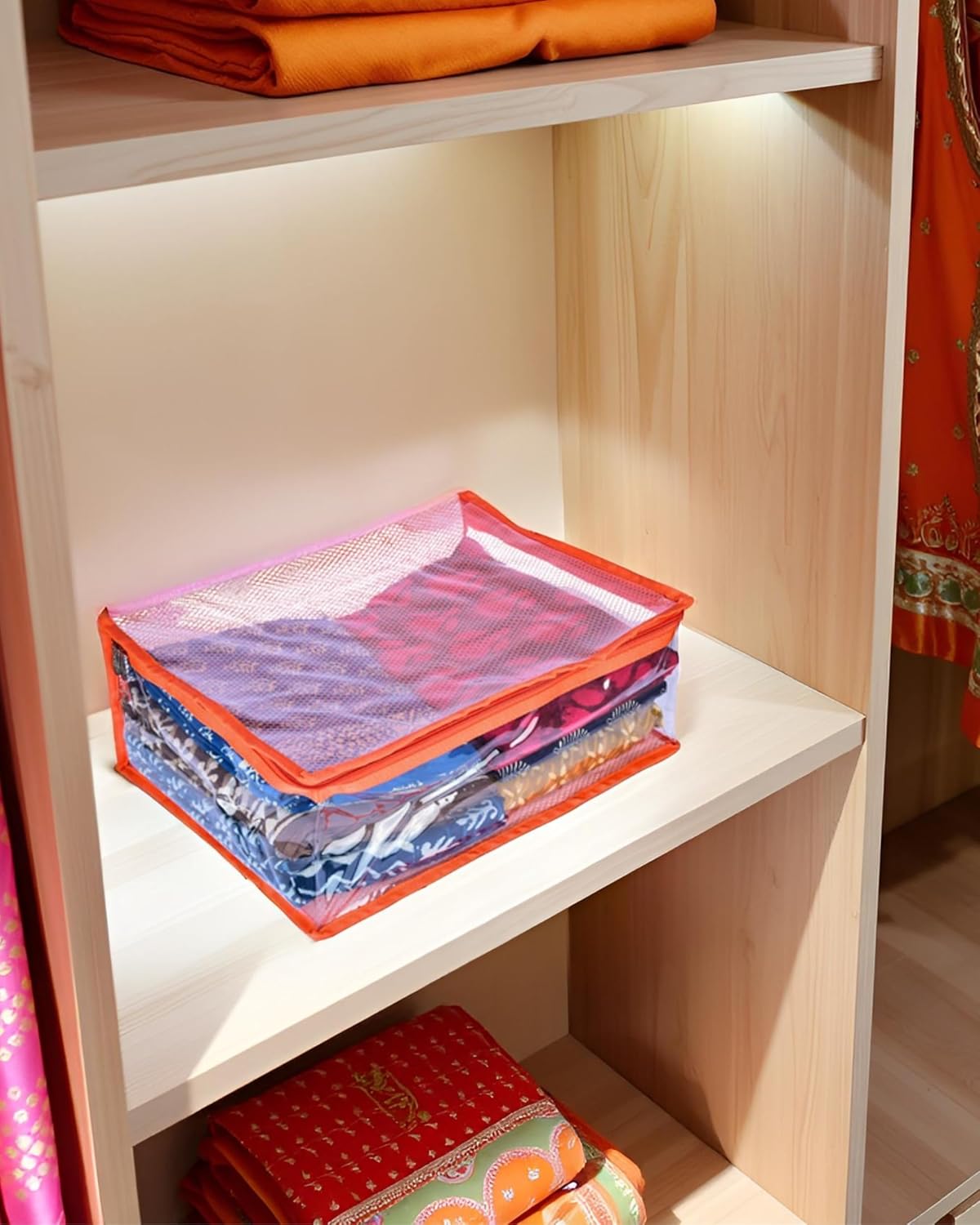 Premsons® Transparent Saree Cover with Zip | Durable & Foldable Storage Organizer for Wardrobe | Protects from Dust & Moisture | Pack of 2 | Orange