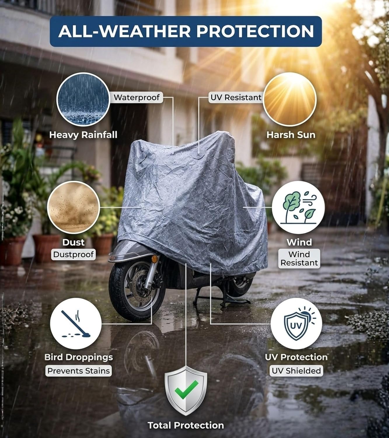 Premsons® Multilayer UV-Stabilized Waterproof Two-Wheeler Cover for Bike/Scooter/Scooty/Activa – Cross Laminated Protection from Rain, Sun & Dust (Grey) Large And Small