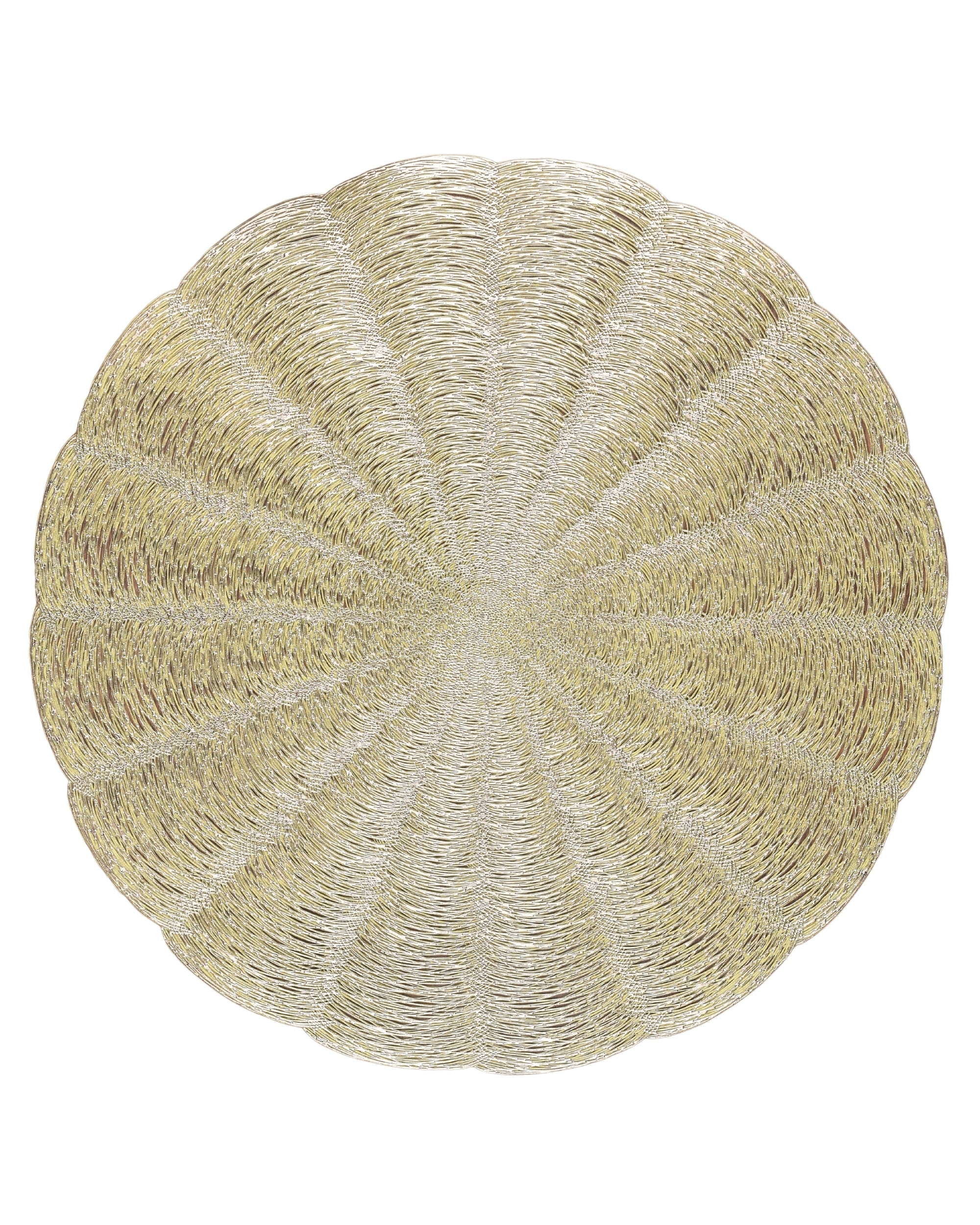 Premsons® Floral Round Table Mat – Scalloped Metallic Placemat | Washable, Wipeable, Non-Slip & Heat-Resistant | Decorative Table Mat for Dining, Kitchen, Wedding & Party Décor – Gold Silver Blend