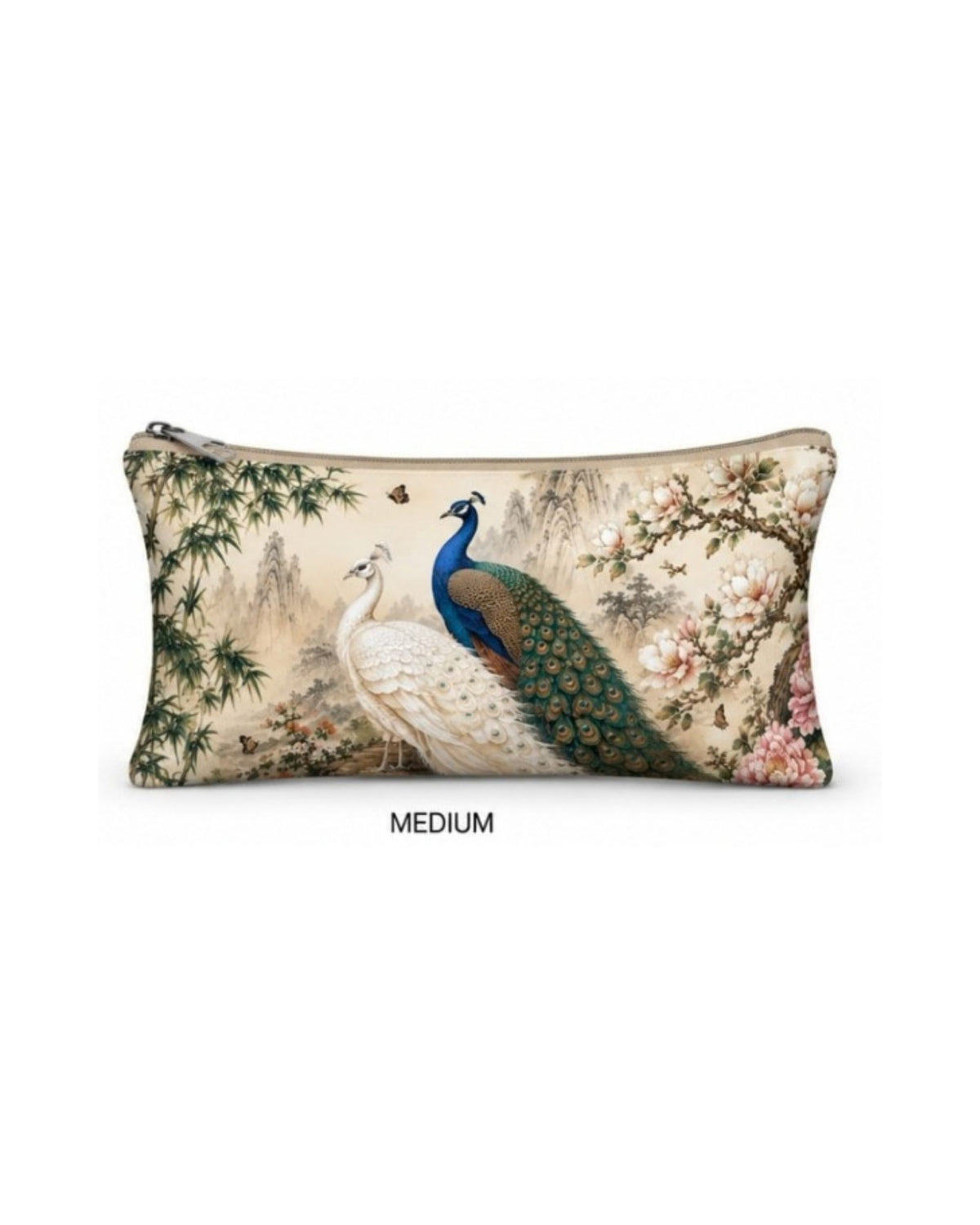 Vegan leather zipper pouch with peacock and floral print, Medium size
